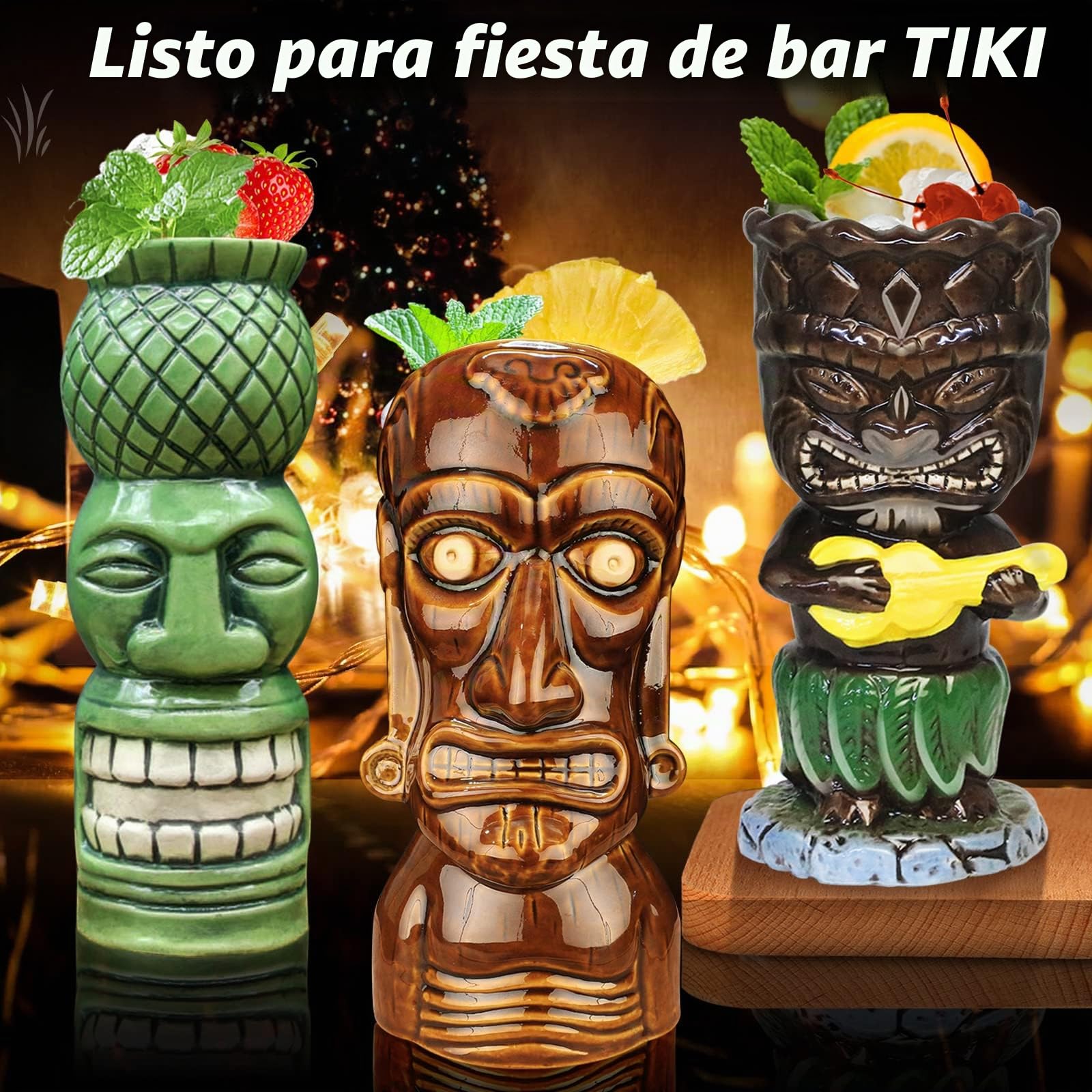 SuproBarware Juego de 8 vasos de cóctel Tiki de cerámica colorida, decoración de fiesta hawaiana para fiestas exóticas