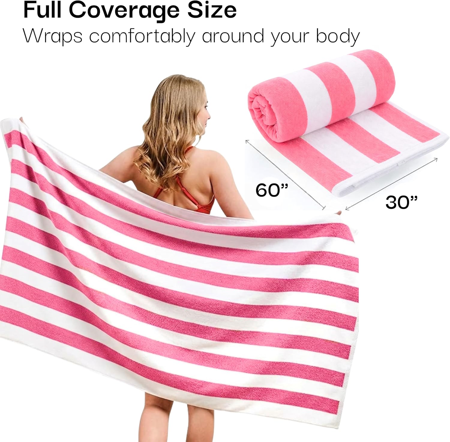 Salt Earth Cotton Striped Beach Cabana Towel, 4 Pack - 30"x60" Quick Dry Towels, Pool Essentials, Travel, Gym & Bathroom Towels, Oversized Beach Vacation Essentials, Lux Pink