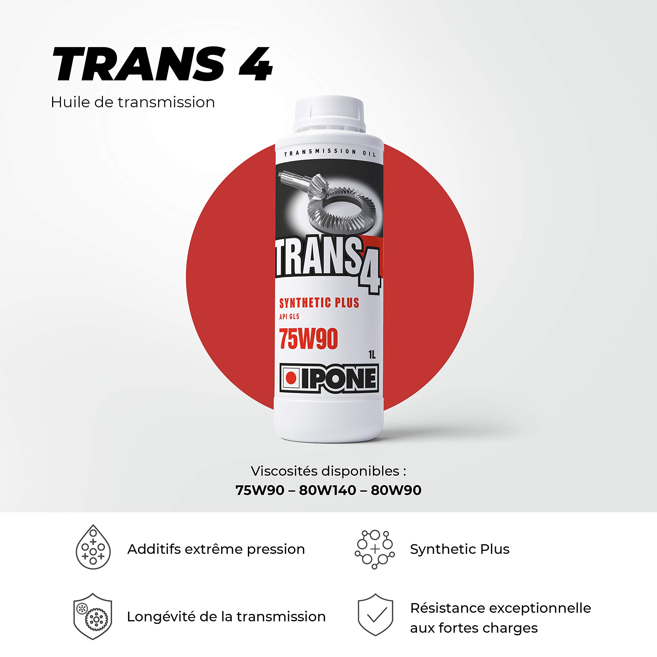 IPONE – Huile de Boîte de Pont Moto – Trans 4 75W90 – 100% Synthétique -Très Haute Performance – Formulation renforcée en additifs - Résistance aux fortes charges - Bidon 1 Litre