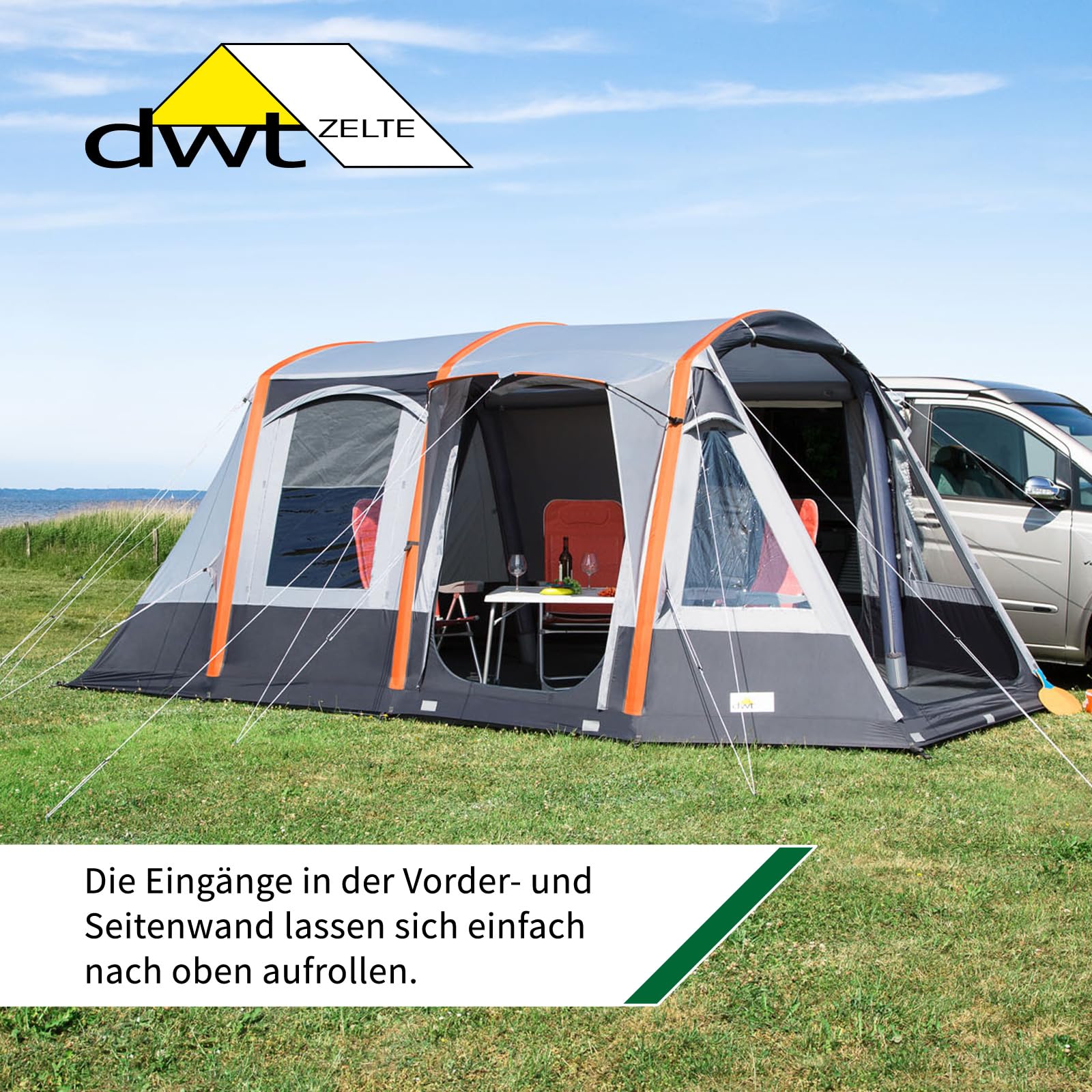 dwt Busvorzelt Pegasus Air 500x300 cm, grau, Texolan 30, aufblasbar, freistehend, Mobilzelt für Busse mit 180-220 cm Höhe