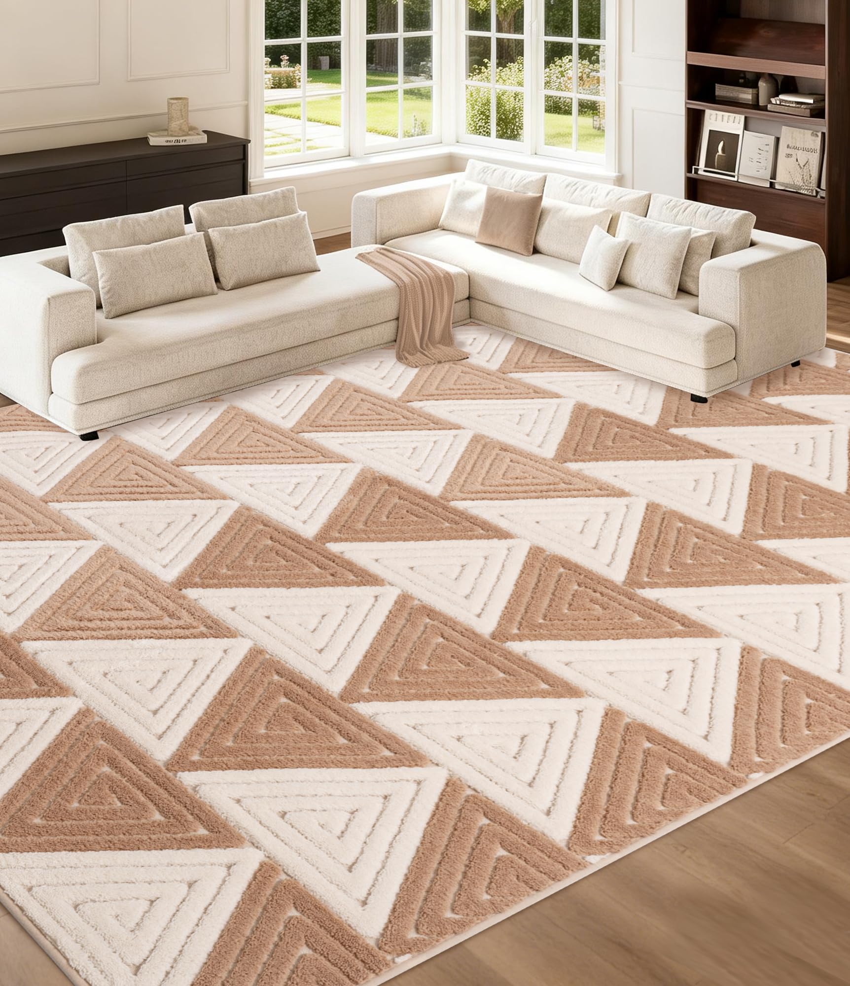 Photo 1 of YIHOUSE Neutral Ultra Soft Area Rugs 8x10, Beige Geometric Rug with Triangular Patterns, Comfortable Plain Area Rug for Bedroom, Japandi Washable Rugs for Living Room
