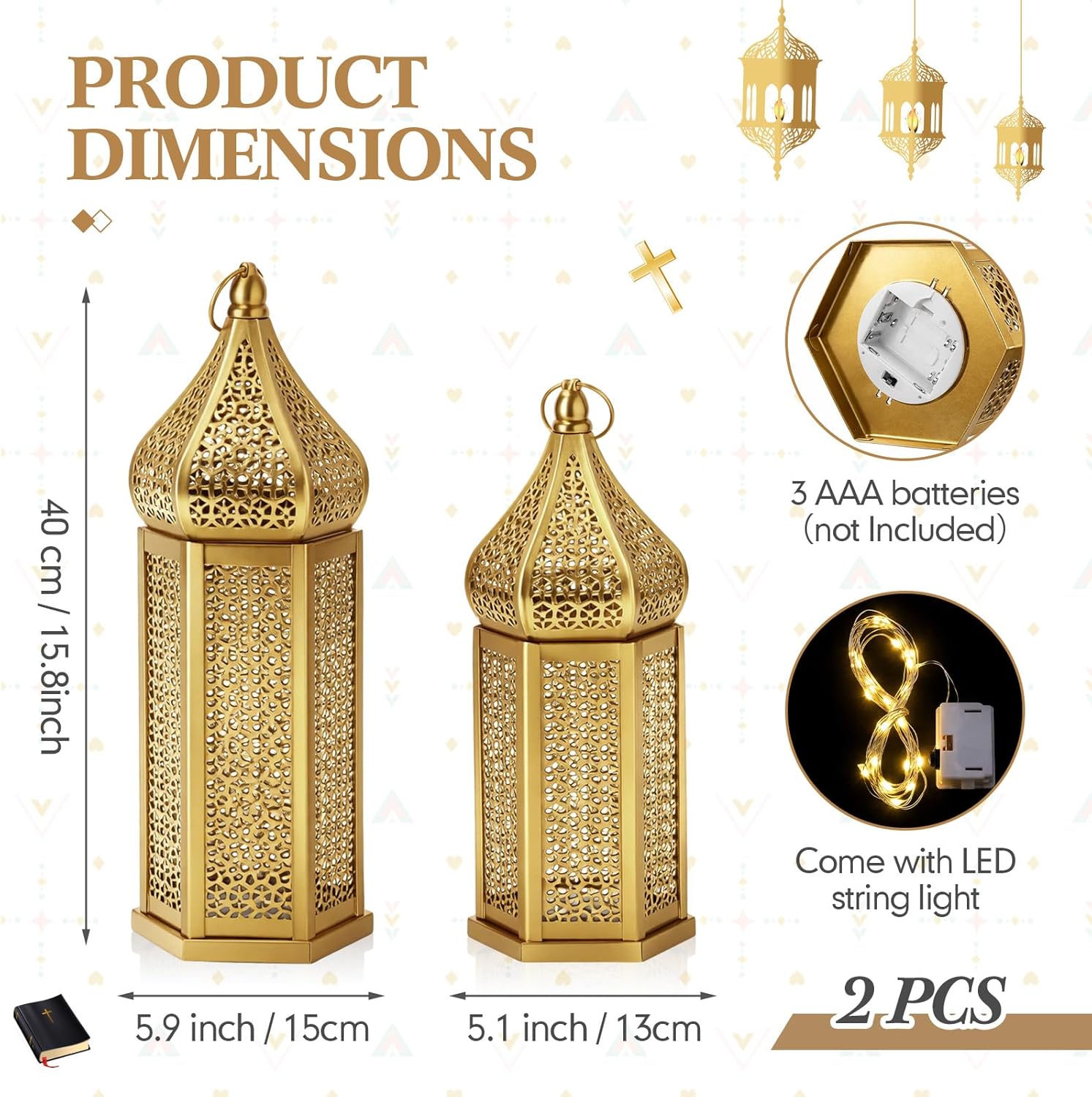 Set of 2 Ramadan Lanterns Eid Decorations 16" 14" LED Large Candle Lantern Vintage Gold Metal Moroccan Lanterns with Lights Ramadan Decor for Table, Wall, Patio, Porch, Indoor Outdoor Home