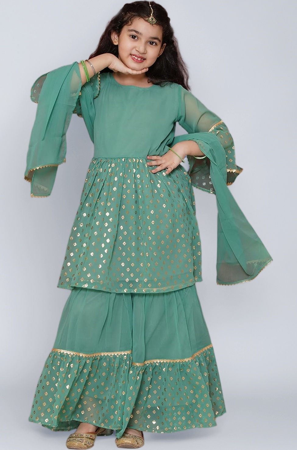 AJ DEZINES Kids Ethnic Wear Georgette Motif Printed Kurta Sharara Set for Girls