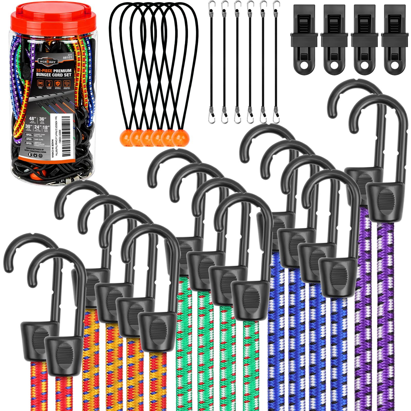 HORUSDY 31-Piece Premium Bungee Cords Assortment Jar, Includes 10”,18”,24”,32”,40” Bungee Cords, 6“ Zip Ties, 8”Canopy/Tarp Ball Ties and Crocodile Mouth Tarp Clips — Amazon image 19