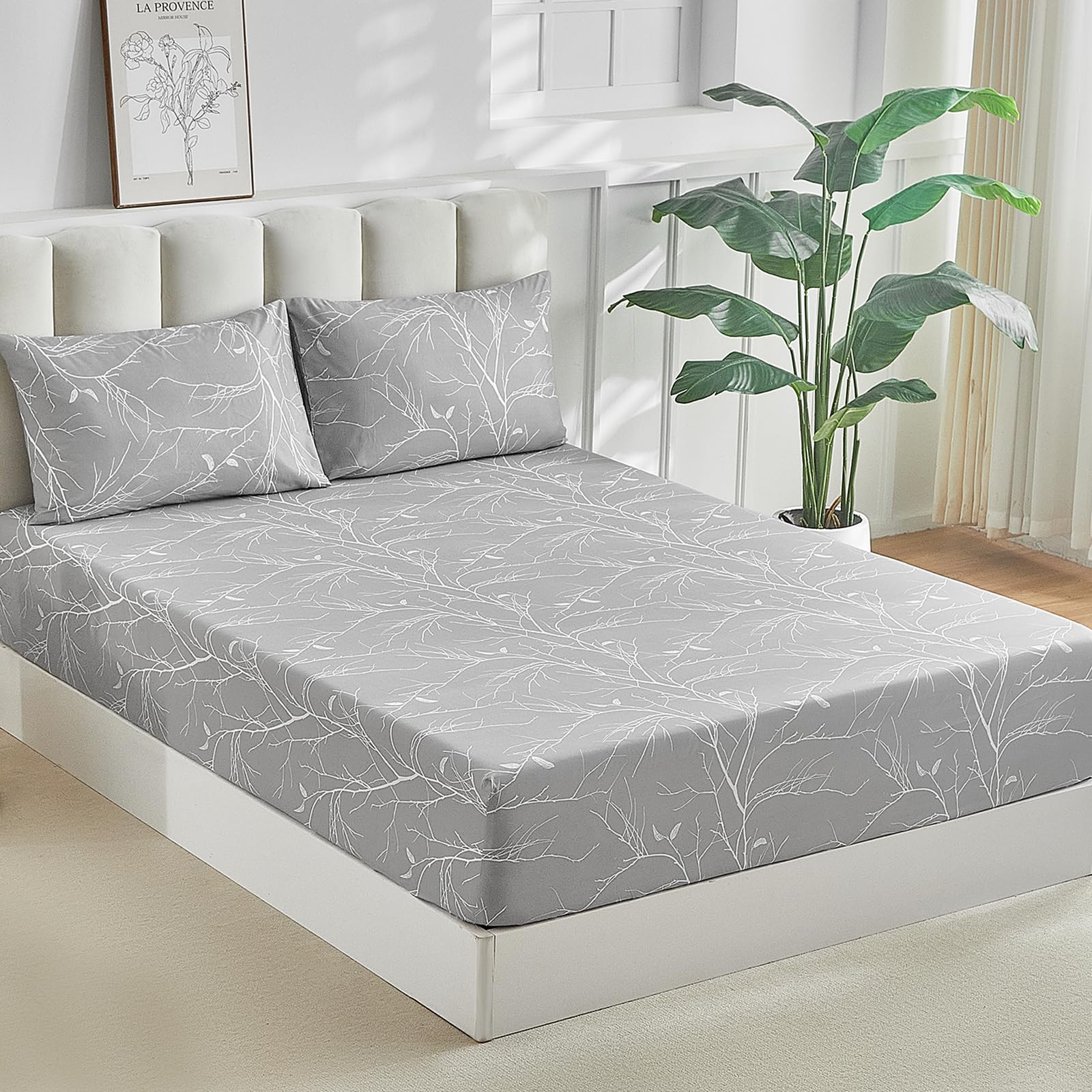 Tokokimo Double Fitted Sheet 160 x 200 cm, Extra Deep Pocket Fitted Sheet, 35 cm, Soft Microfibre with 2 Pillowcases, Floral Print (Grey White)