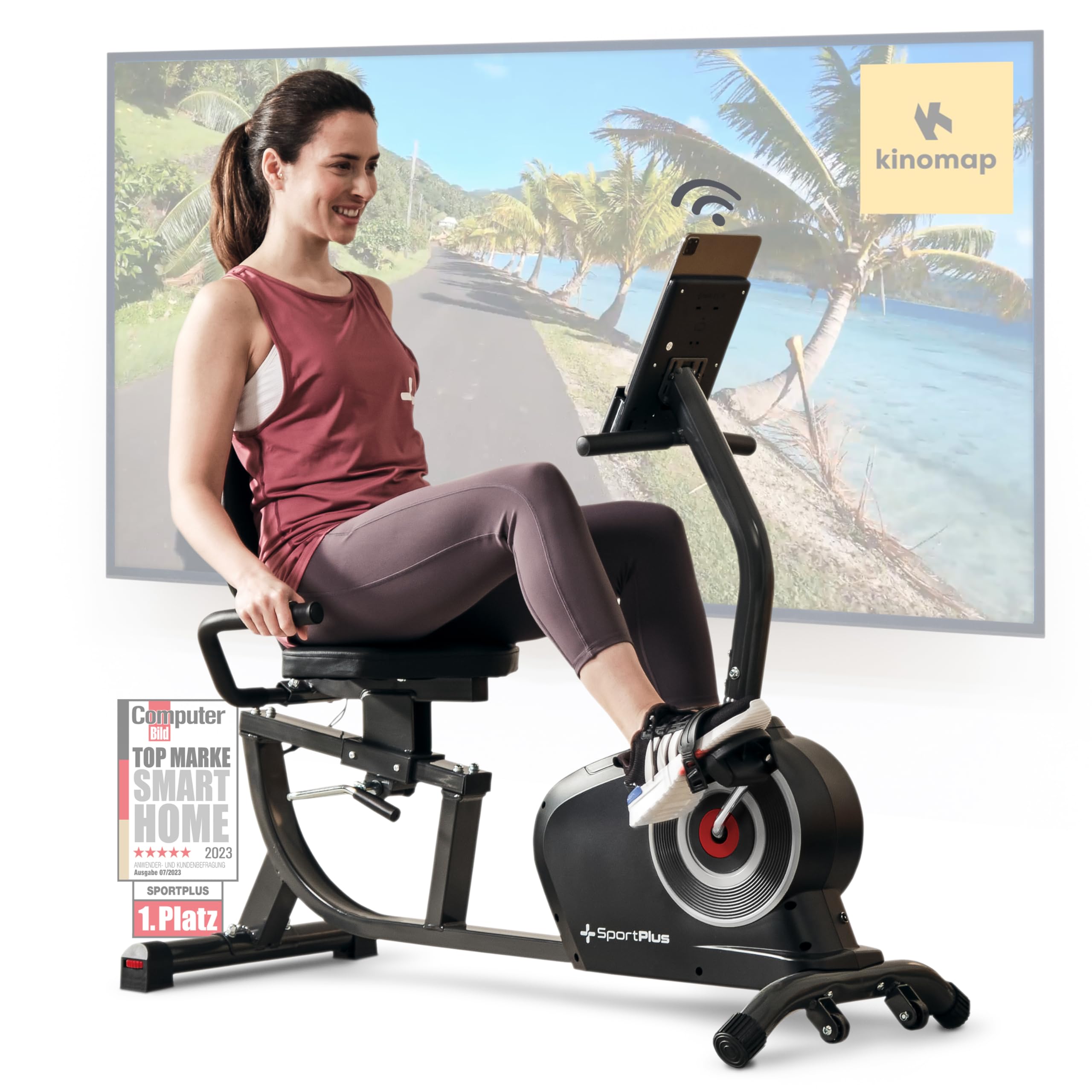 SportPlus Liegeheimtrainer für zuhause mit App-kompatibilität, 24 Stufen & 6 Trainingsprogramme, rutschfeste Pedale, mit Display & Tablethalterung, bis 100 kg