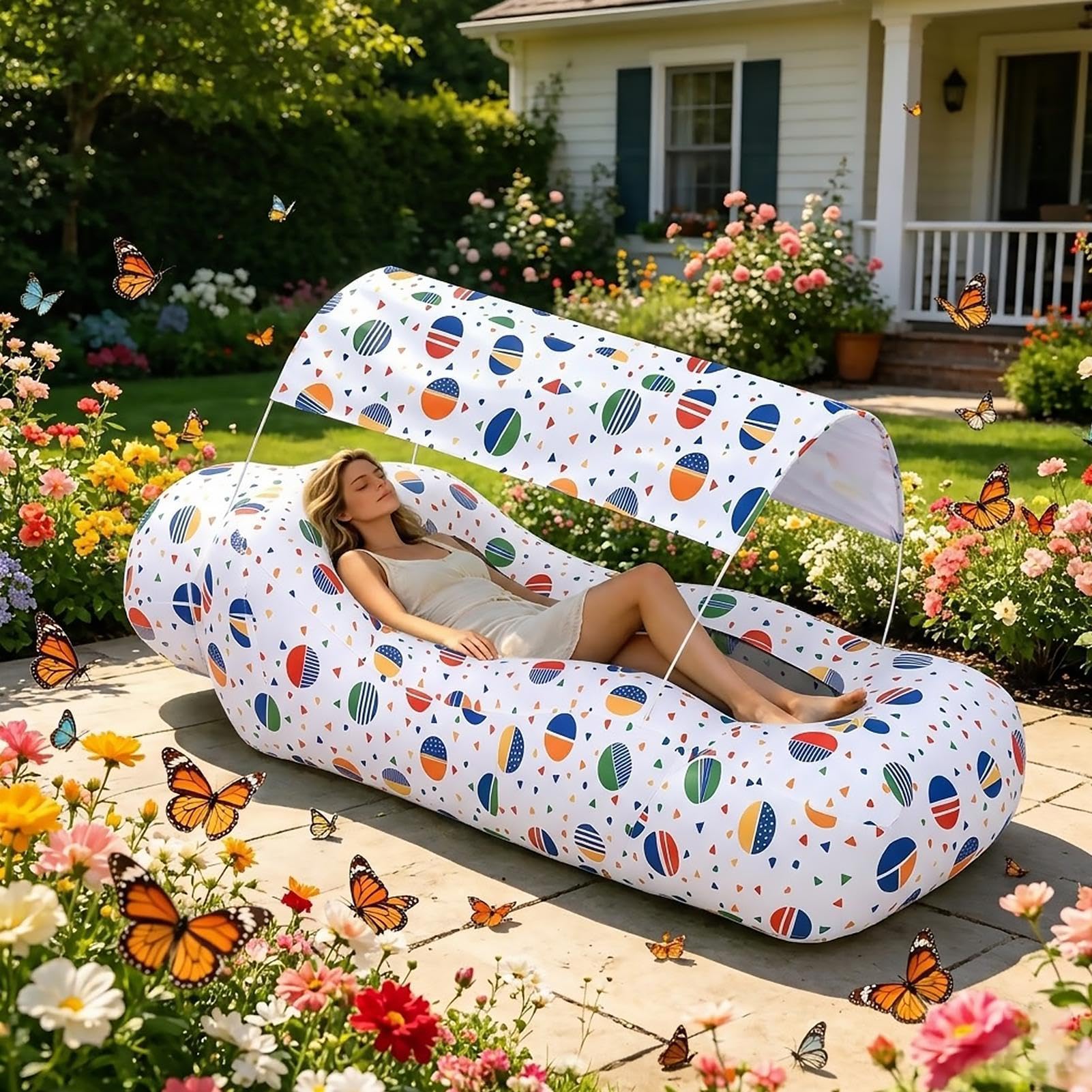 Dmuchana Leżanka Powietrzna Sofa Plażowa z Osłoną Przeciwsłoneczną | Przenośna Leżanka z Wbudowanym Schowkiem Do Użytku Na Zewnątrz Na Kemping Wędrówki Piknik Wakacje