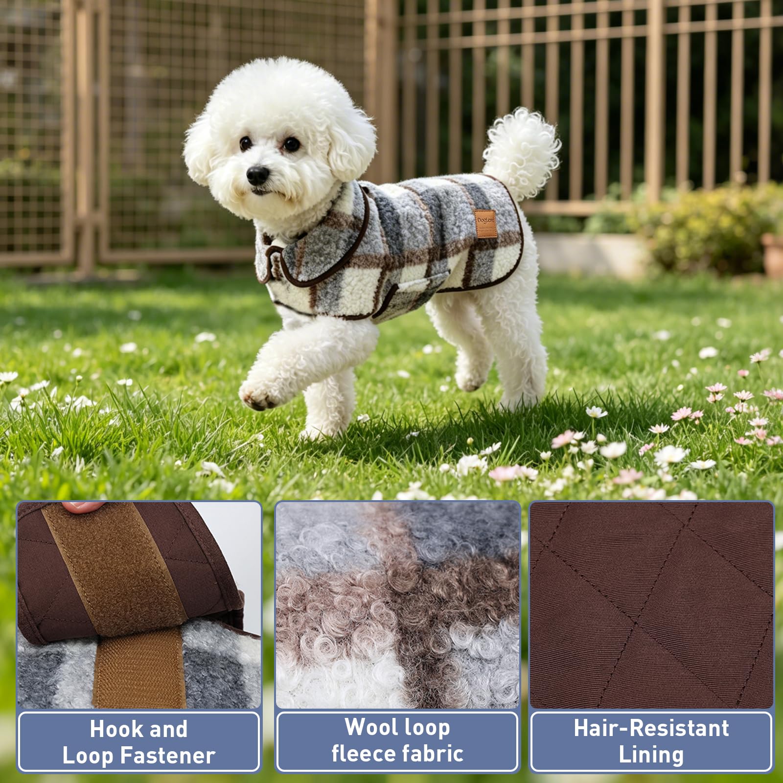 Abrigo de invierno a cuadros para perro, chaleco cálido para perros, rosa, S | Forro de pelo antiadherente, resistente al viento, gancho y bucle