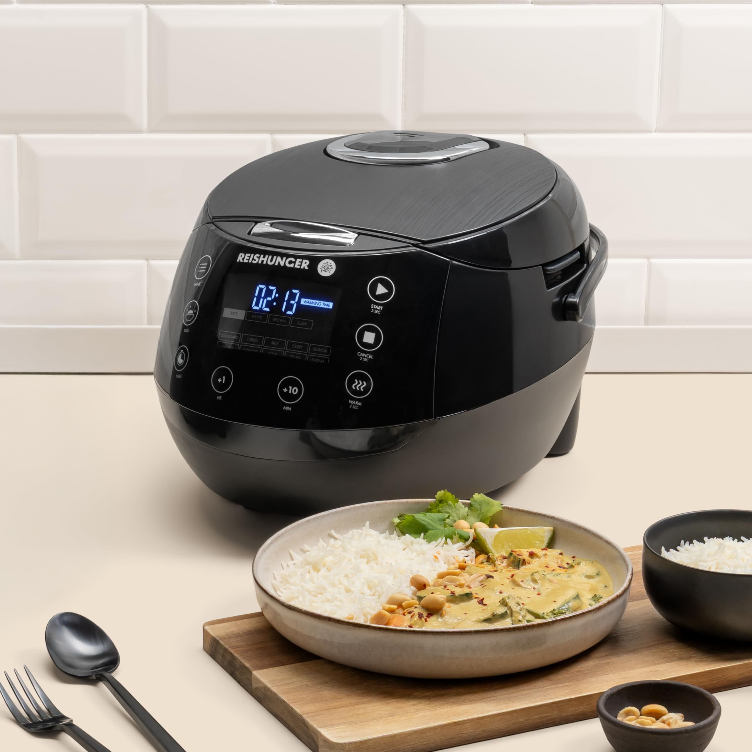 REISHUNGER Digitaler Reiskocher & Dampfgarer – 1,5L – Schwarz | bis zu 8 Personen – Warmhaltefunktion, Timer & Premium Innentopf – Multikocher, 12 Programme, 7-Phasen-Technologie