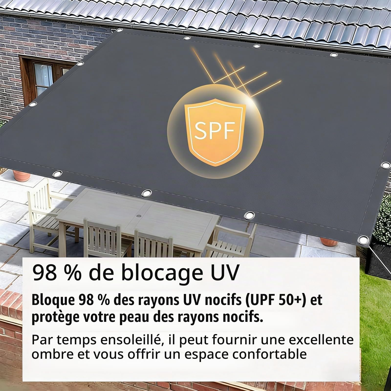 Voile d'ombrage Toile Rectangulaire 2x4M Imperméable Toile Ombrage Exterieur UV Protection, Voiles d'ombrage avec œillets, Cordons pour Patio, pergola, Jardin extérieur, Gris foncé