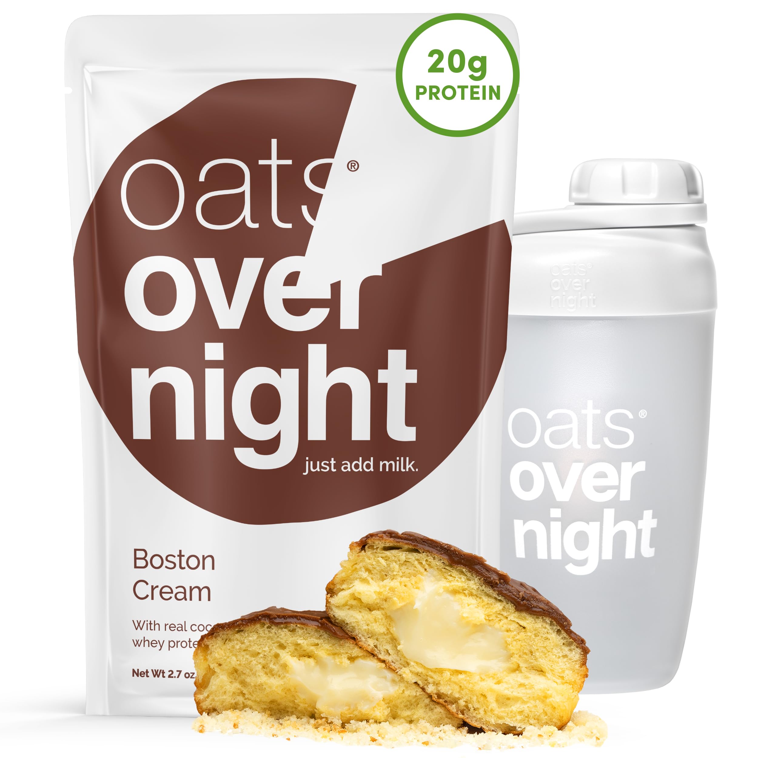 Oats Overnight Boston Cream - Overnight Oats with 20g Protein, High Fiber Breakfast Protein Shake - Gluten Free Oatmeal, Non GMO High Protein Oatmeal (2.7 oz per meal) (8 Pack + Shaker Bottle)