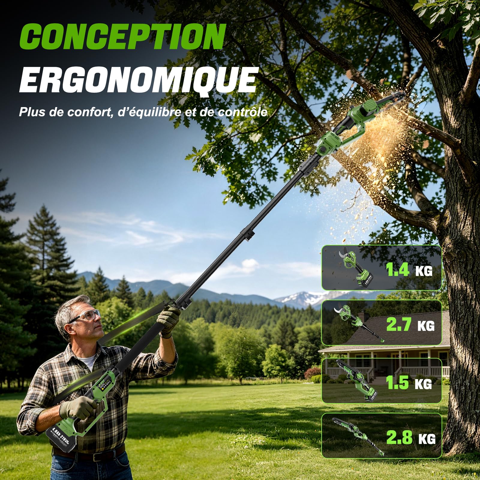 J-KU Podadora de Altura 4 en 1 a Batería, Mini Motosierra 20 cm (8") y Tijeras de Podar Eléctricas 35 mm, Pértiga Telescópica hasta 2,6 m, 2×4000 mAh, Herramientas de Jardín