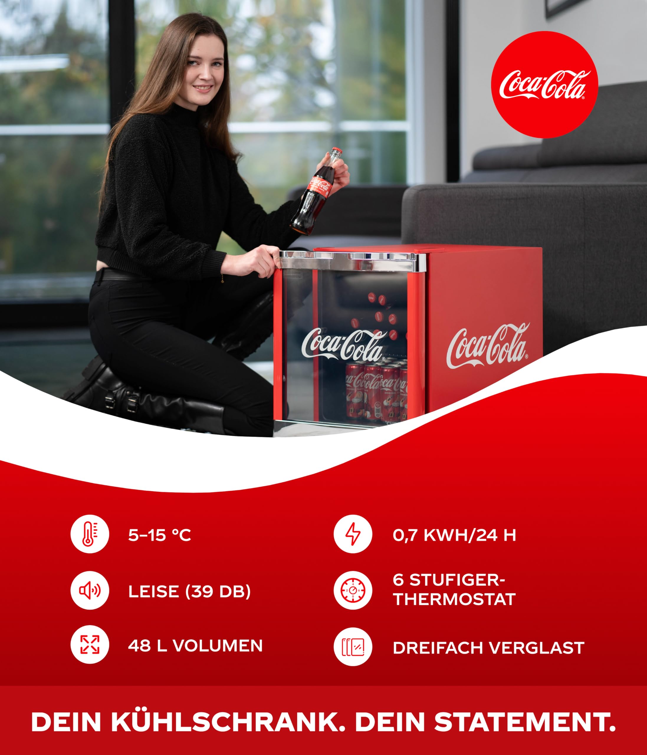 Coca-Cola Mini Kühlschrank Rot 48L Getränkekühlschrank Glastür leise energieeffizient