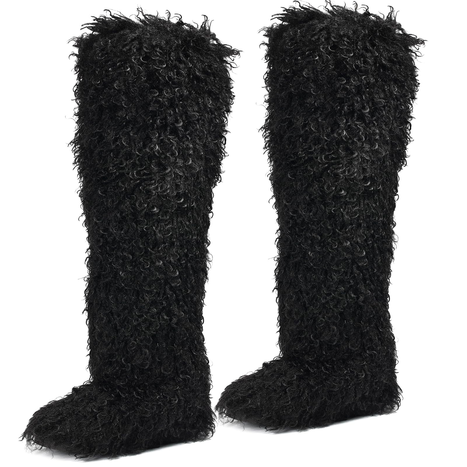 Over the Knee Fur Boots for Women Tall Furry Thigh-high Boot for Girls Fluffy Faux Fur Boots Flat