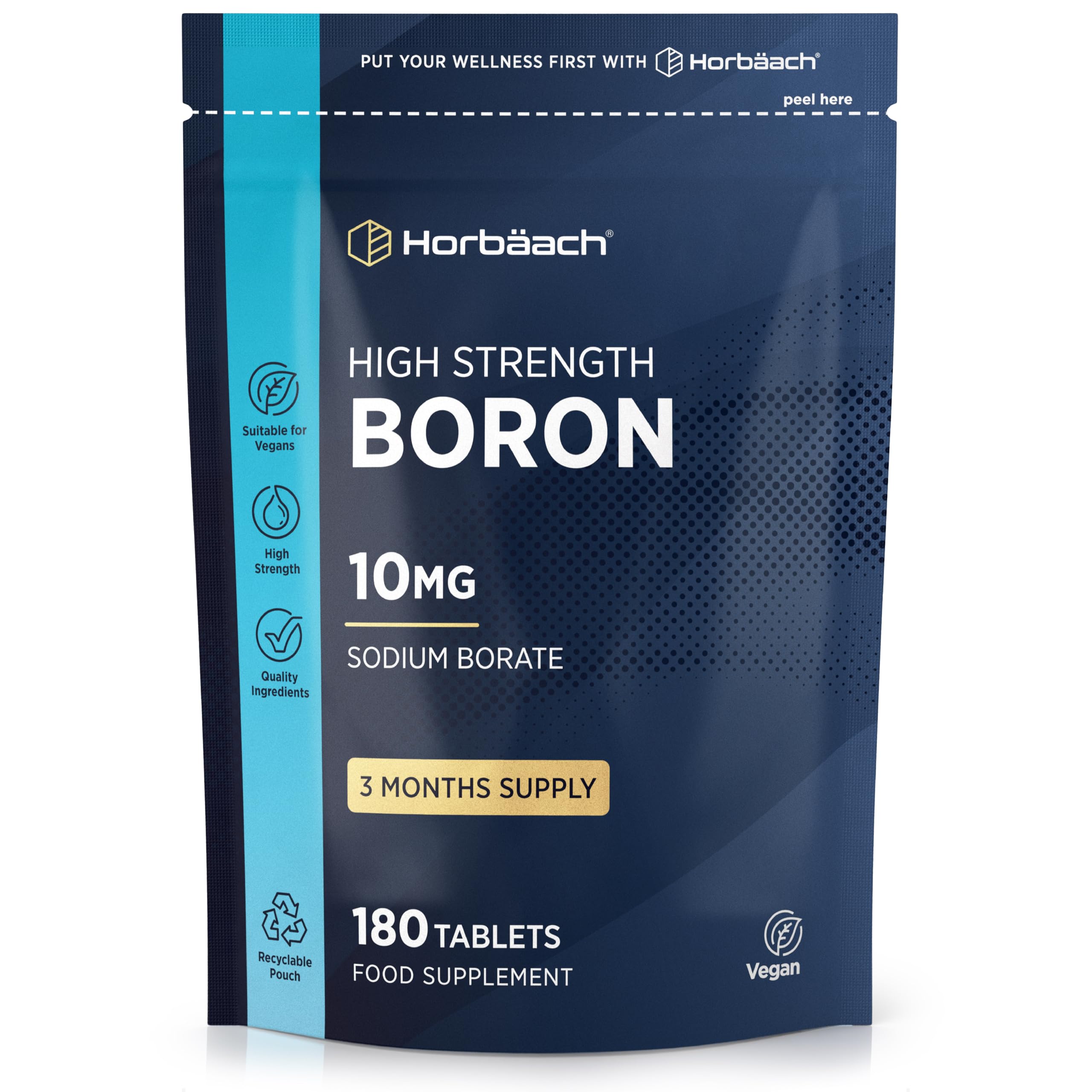 Boron 10mg | High Strength Boron Supplement | 180 Vegan Tablets | Sodium Borate | for Men & Women | by Horbaach
