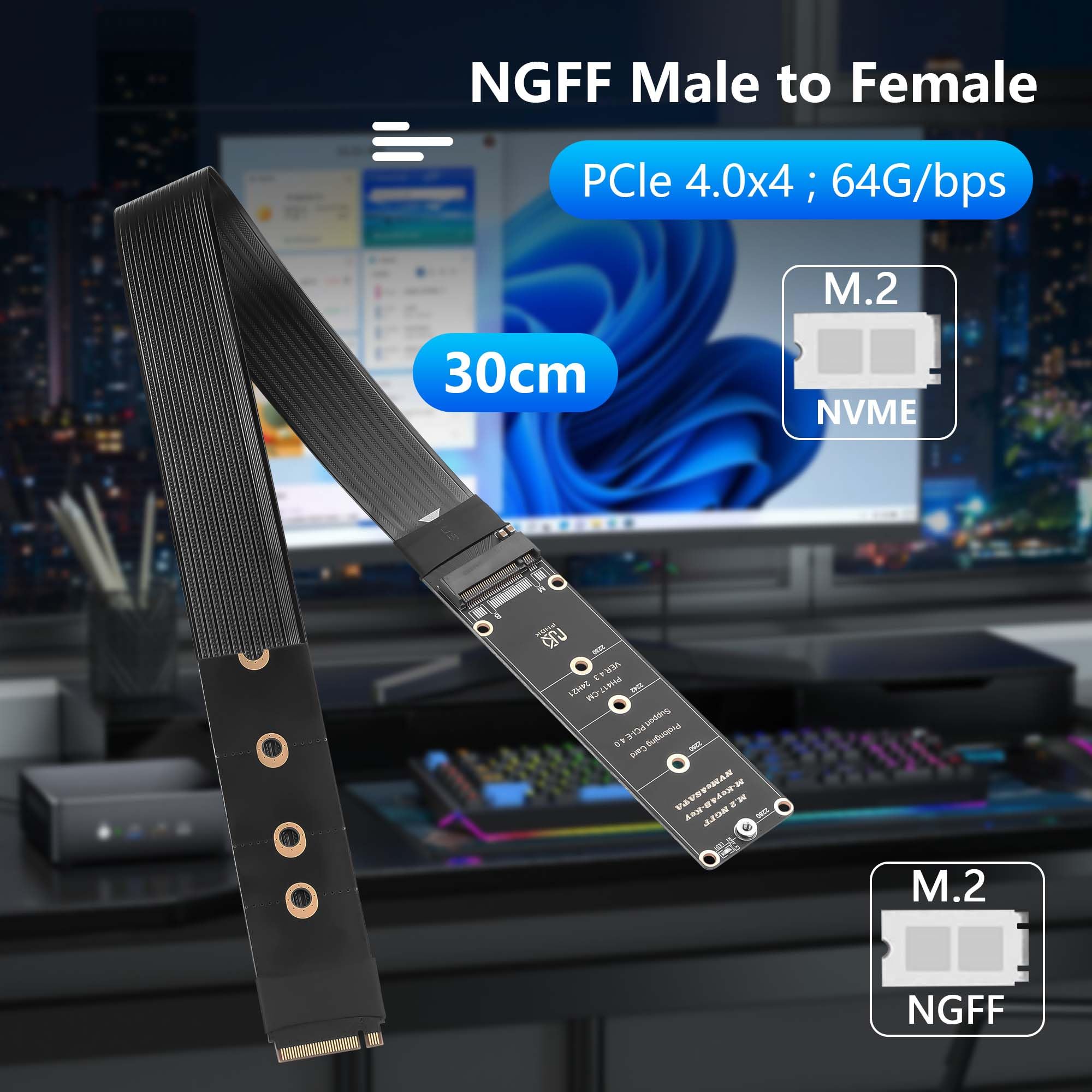 GINTOOYUN ngff m.2 m - Chiave nvme estensione 40 cm pcie 3.0/4.0 m.2 nvme/ngff SSD nastro flessibile cavo per scheda madre SSD 2230/2242/2260/2280 (180 gradi)