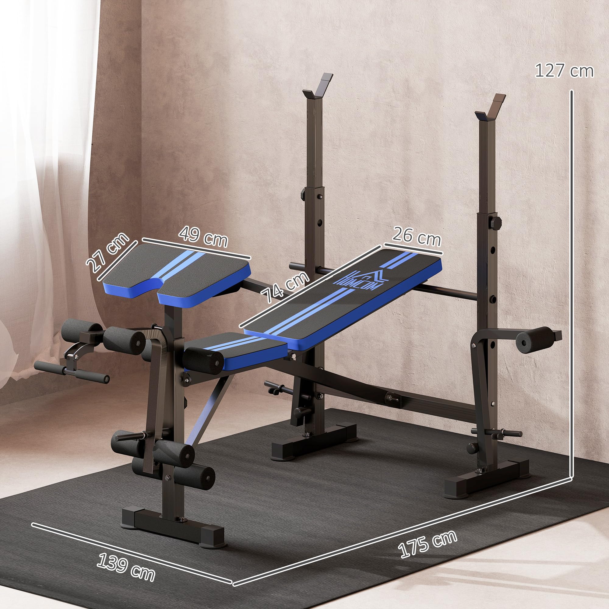 HOMCOM Banco de Musculación Multifuncional, Banco de Pesas con Respaldo Ajustable, Soporte para Barras Regulable, Extensión de Piernas, Curl de Predicador, Mariposa, Entrenamiento Casa Gimnasio, Azul
