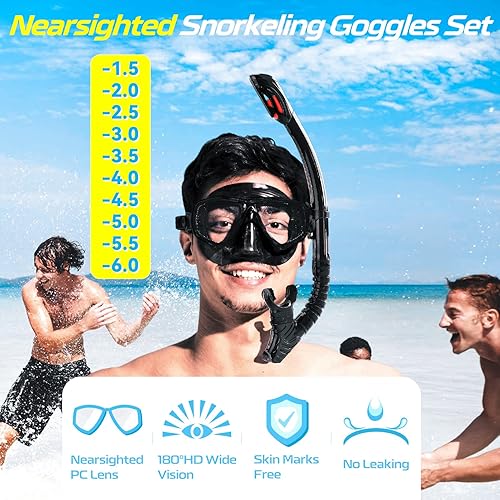 Miniatura 10 de Equipo de esnórquel miope, juego de esnórquel seco miopía para adultos y jóvenes, máscara de buceo antivaho y esnórquel con parte superior seca con