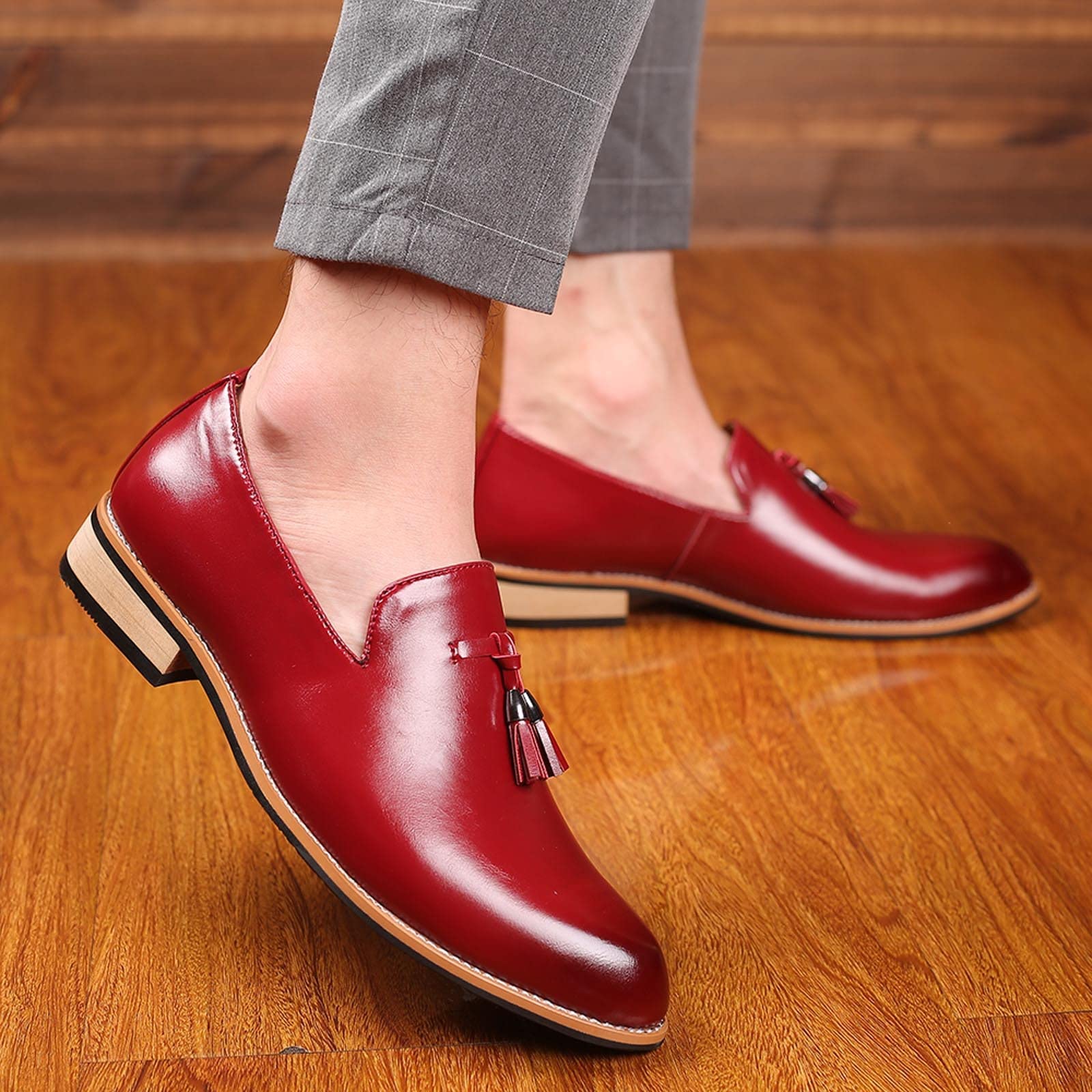 Mocasines clásicos con borlas para hombre, zapatos de vestir elegantes de piel sintética para negocios, bodas, fiestas, Red, 41 1/3 EU