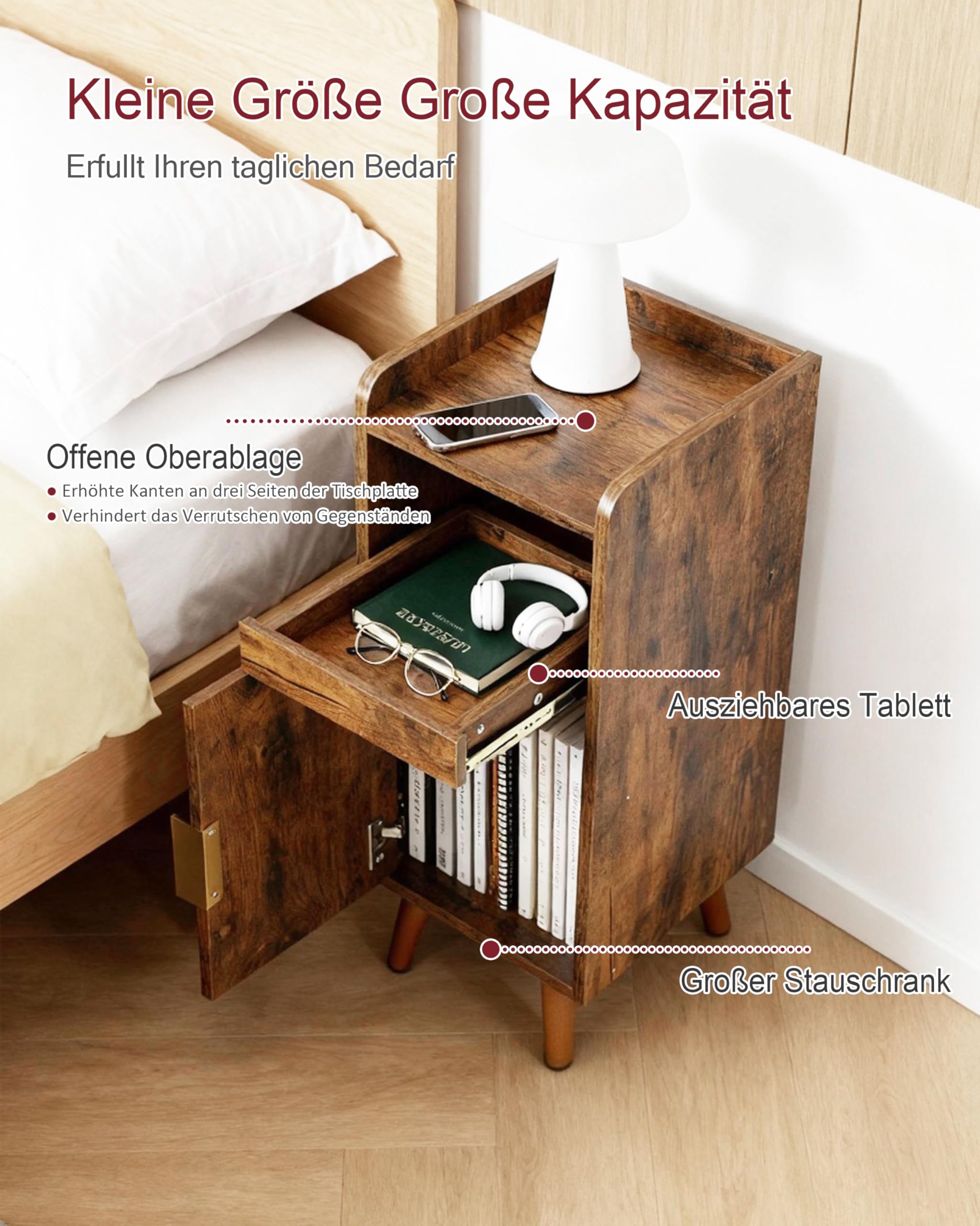 Comodino marrone, set da 2 pezzi, con vassoio estraibile e porta, comodino con manico in metallo, gambe in legno massiccio, comodini con scomparto aperto, comodino per camera da letto