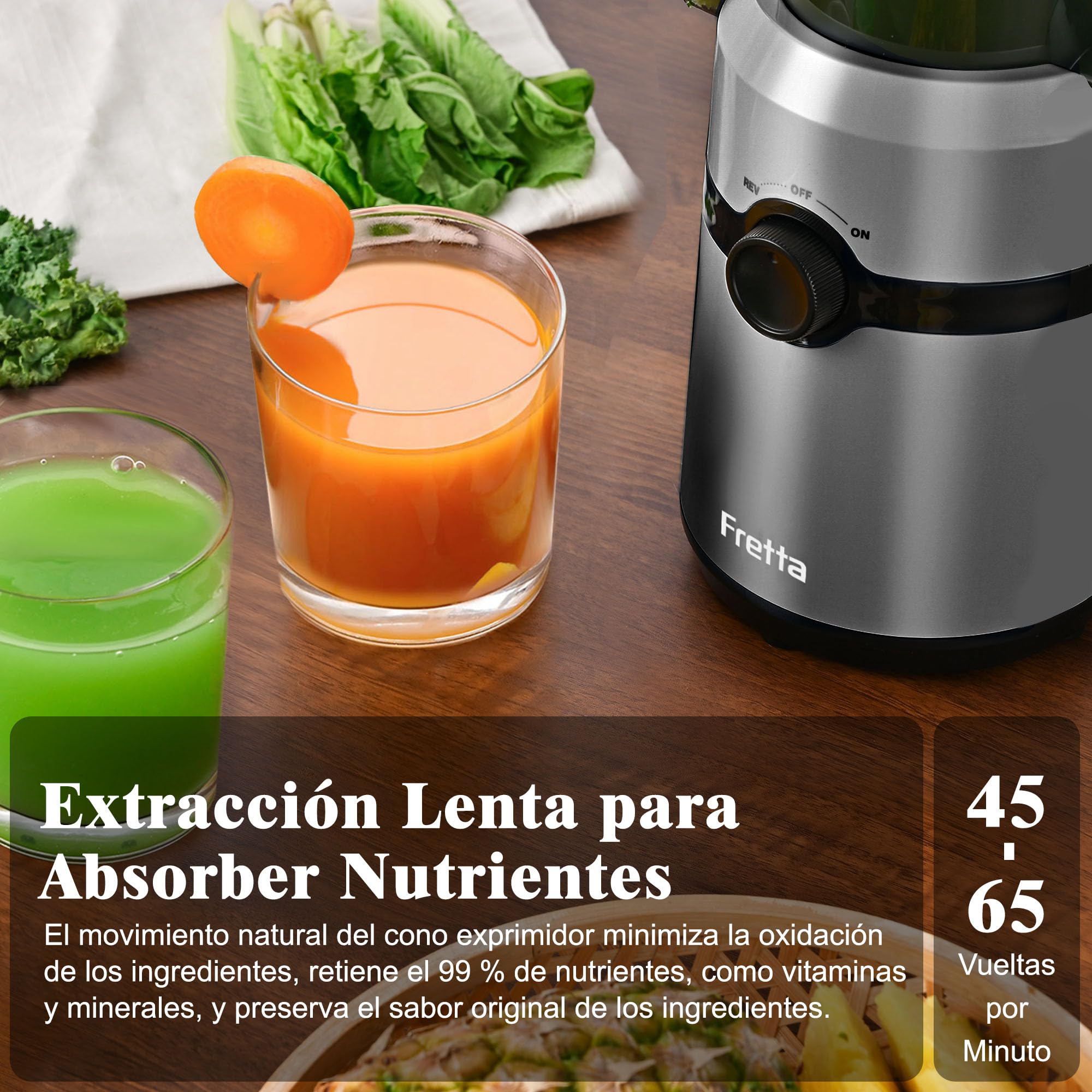 Fretta Extractor de Zumos y Verduras, Apertura de 108MM y Capacidad de 1L, Licuadora Prensado en Frio para Verduras Frutas Enteras, 200W Slow Juicer Machine, Fácil Montaje y Limpieza, Sin BPA (Gris)