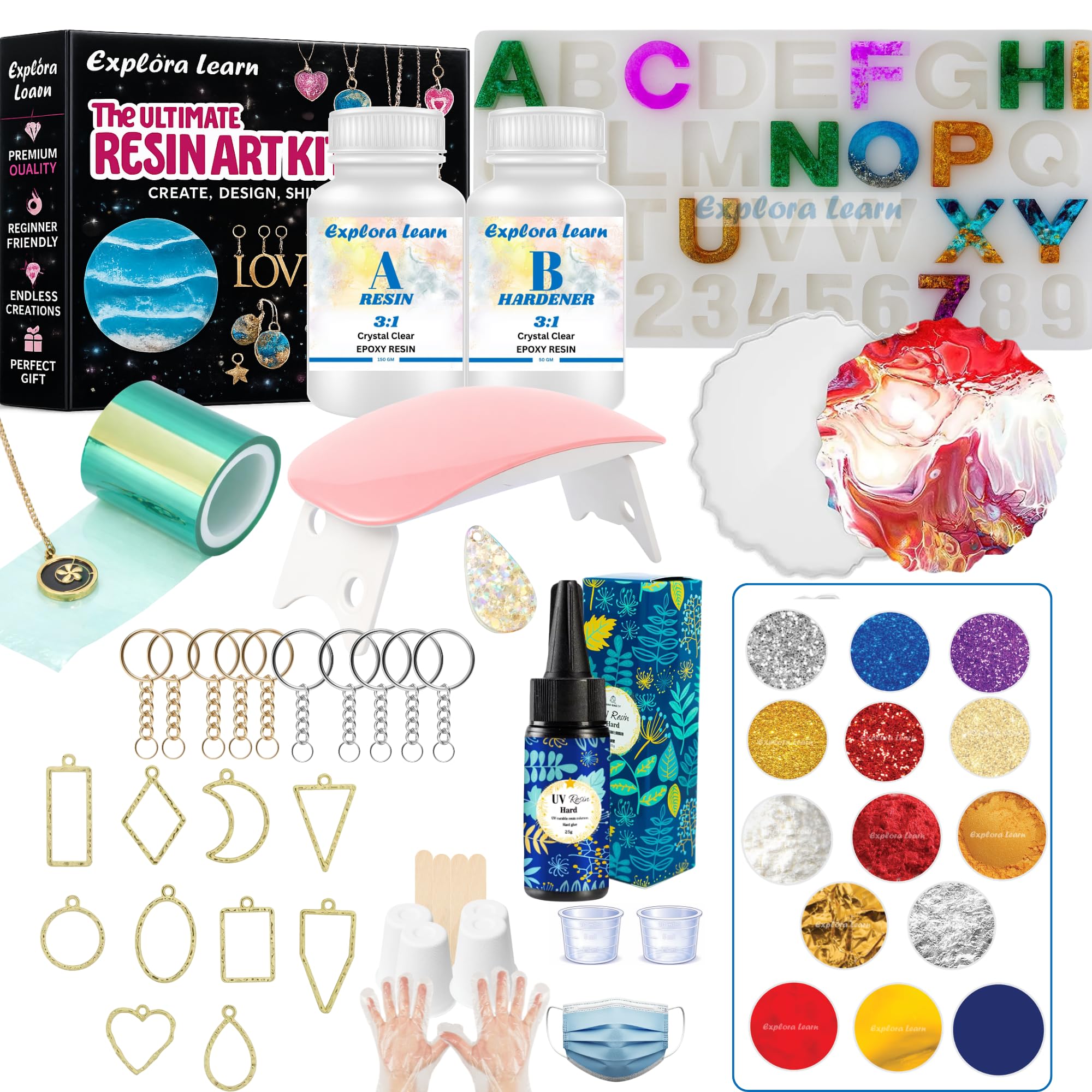 Exploralearn 200gm Epoxy Resin & Hardener (3:1), 25gm UV Resin, UV Lamp, Alphabet & Number Mould, Pendant Mould, Agate Coaster Mould, 10 Bezels, Gold/Silver Flakes, Mica Pigments, Glitter, UV Tape, Keychains, Earring Hooks, Crafting Tools & Accessories-image-34