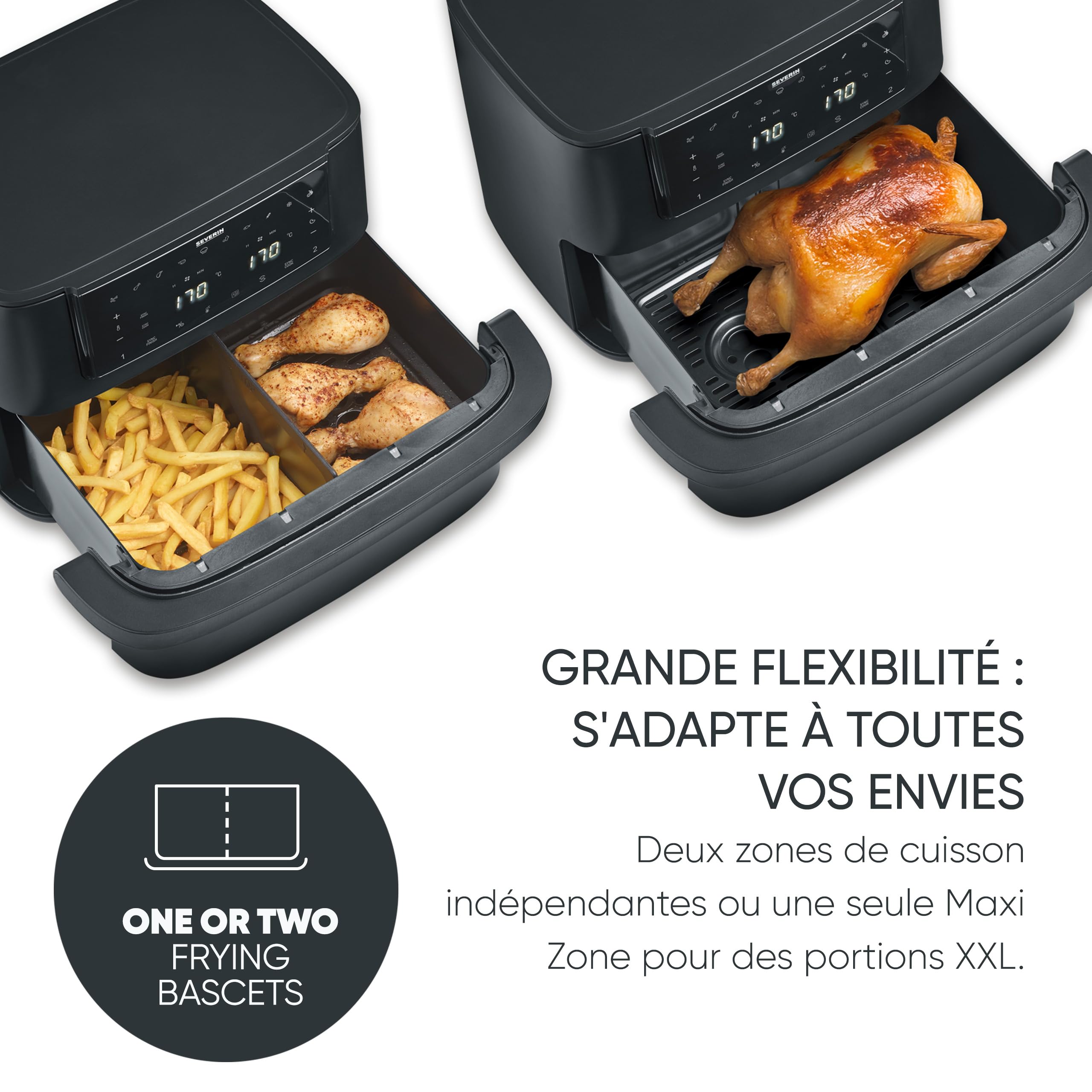 SEVERIN Friteuse à air chaud « Max Zone Flex », Friteuse sans huile avec technologie à air chaud, Air fryer à panier modulable de 9 L, Multicuiseur avec 10 programmes, Noir, FR 9599