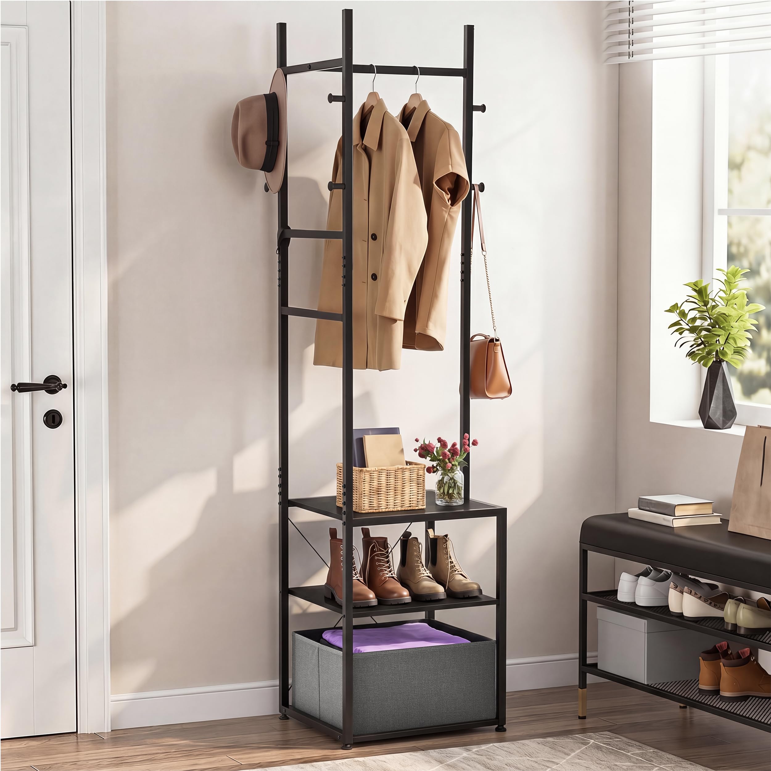 YITAHOME Freestanding Coat Rack Hall Tree, Clothes Rail, 8 Hooks & Shelves