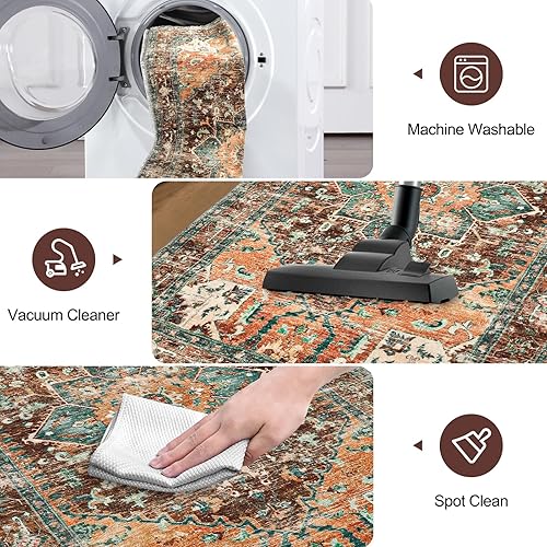 Miniatura 4 de Yamaziot Alfombra lavable de 2 x 8 pies, antideslizante, estilo bohemio, vintage, con parte trasera de goma, resistente a las manchas y pelo bajo,