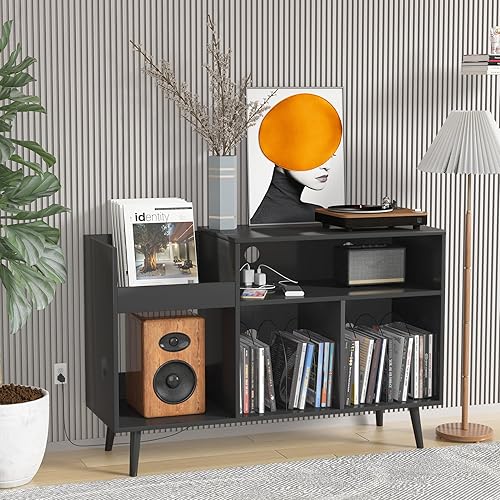Miniatura 5 de Mid-Century - Soporte para tocadiscos con almacenamiento de vinilo para tocadiscos, mesa para tocadiscos con toma de corriente, soporte grande para