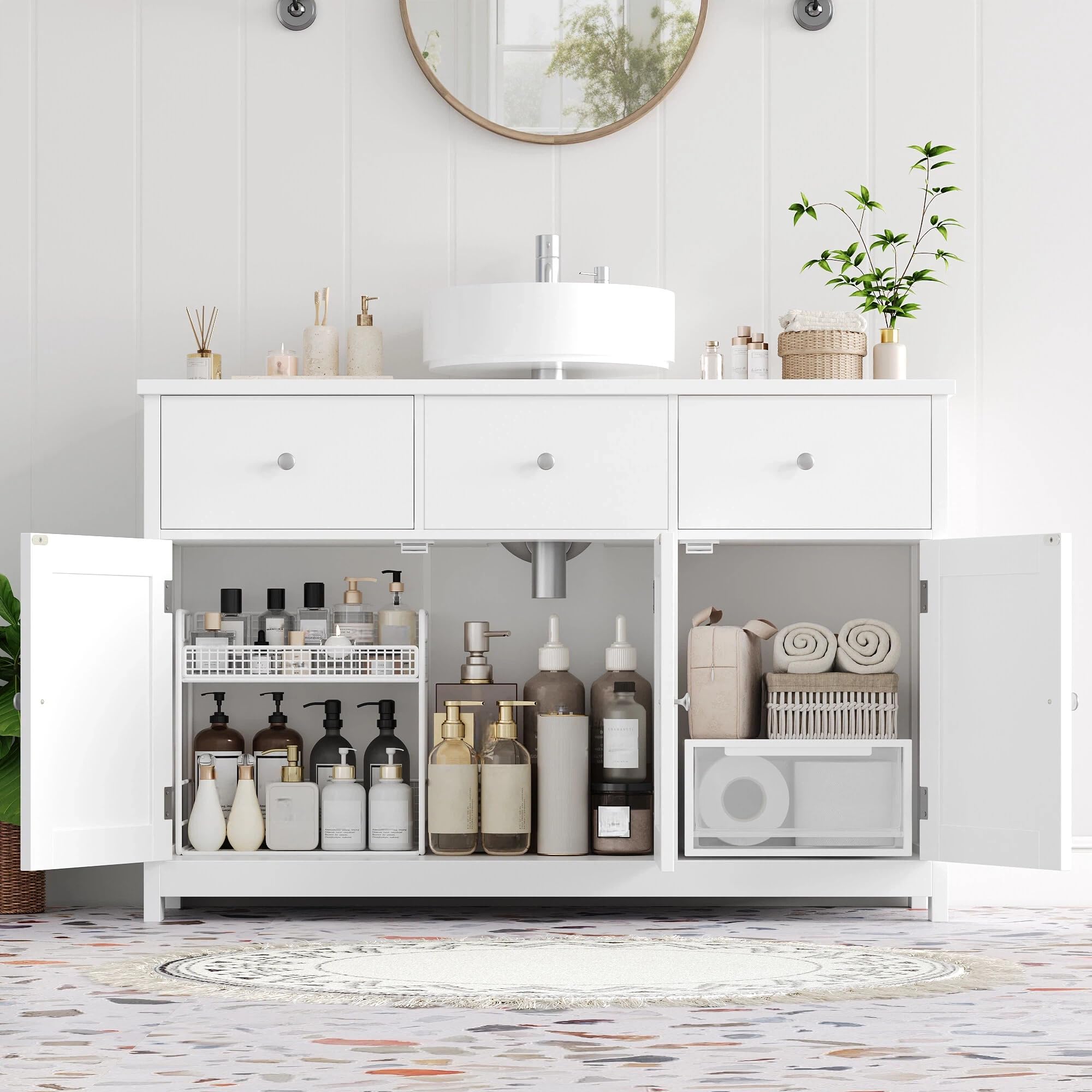 FOREHILL 100cm Mobile Sottolavabo per Bagno Grande, Mobile Bagno a 2 Cassetti e 3 Ante, Mobiletto Portaoggetti da Terra, Scanalatura a Forma di U, 100x30x61cm (Bianco)