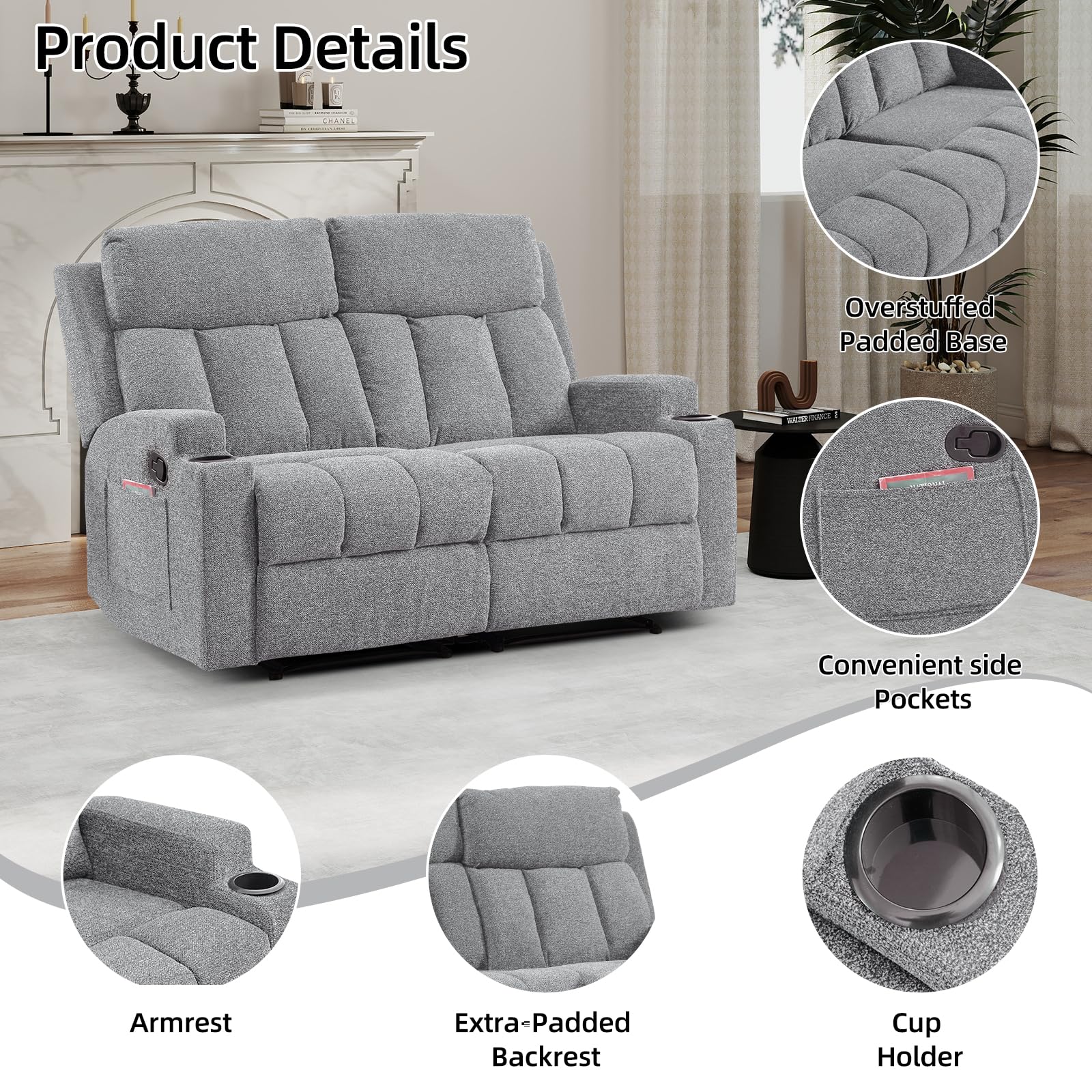 CANMOV Manual Recliner Sofa Set, Soft Fabric Reclining Loveseat with Side Pockets and Cup Holders, 2 Seat Reclining Couch for Living Room, Office, Light Grey view 3