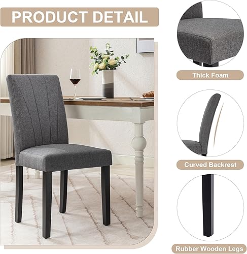 Miniatura 5 de VECELO Upholstered Dining Chairs Set of 6, Modern Fabric and High Back & Solid Wood Legs, Parsons for KitchenLiving Room- Dark Gray