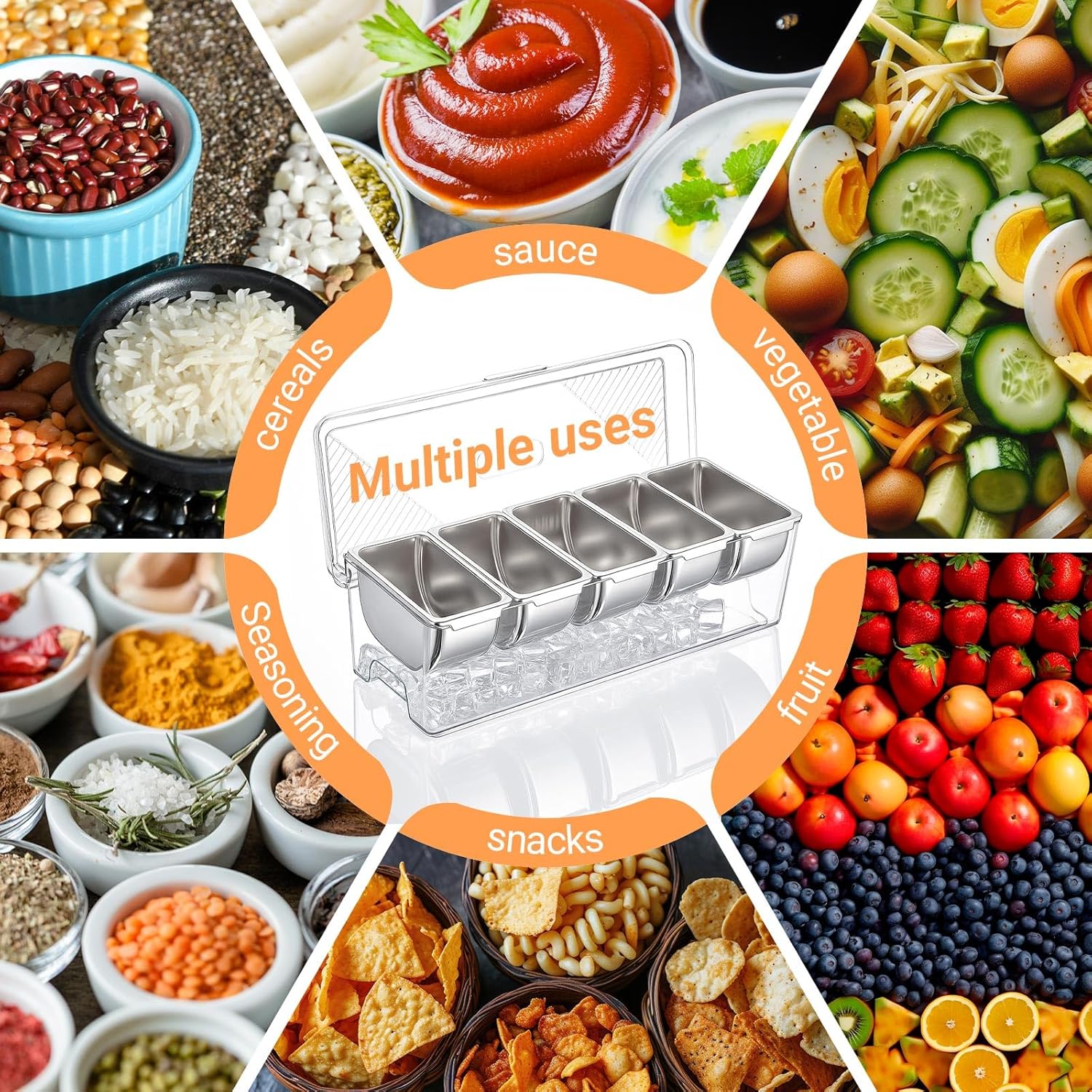 Large Ice Chilled Condiment Server Caddy with 5 Stainless Steel Removable Compartments, Clear Plastic Garnish Tray with Lid, 5 Forks and 2 Tongs, Fruit, Salad, Taco, Bar Platter for Party Bar Supplies - Image 7