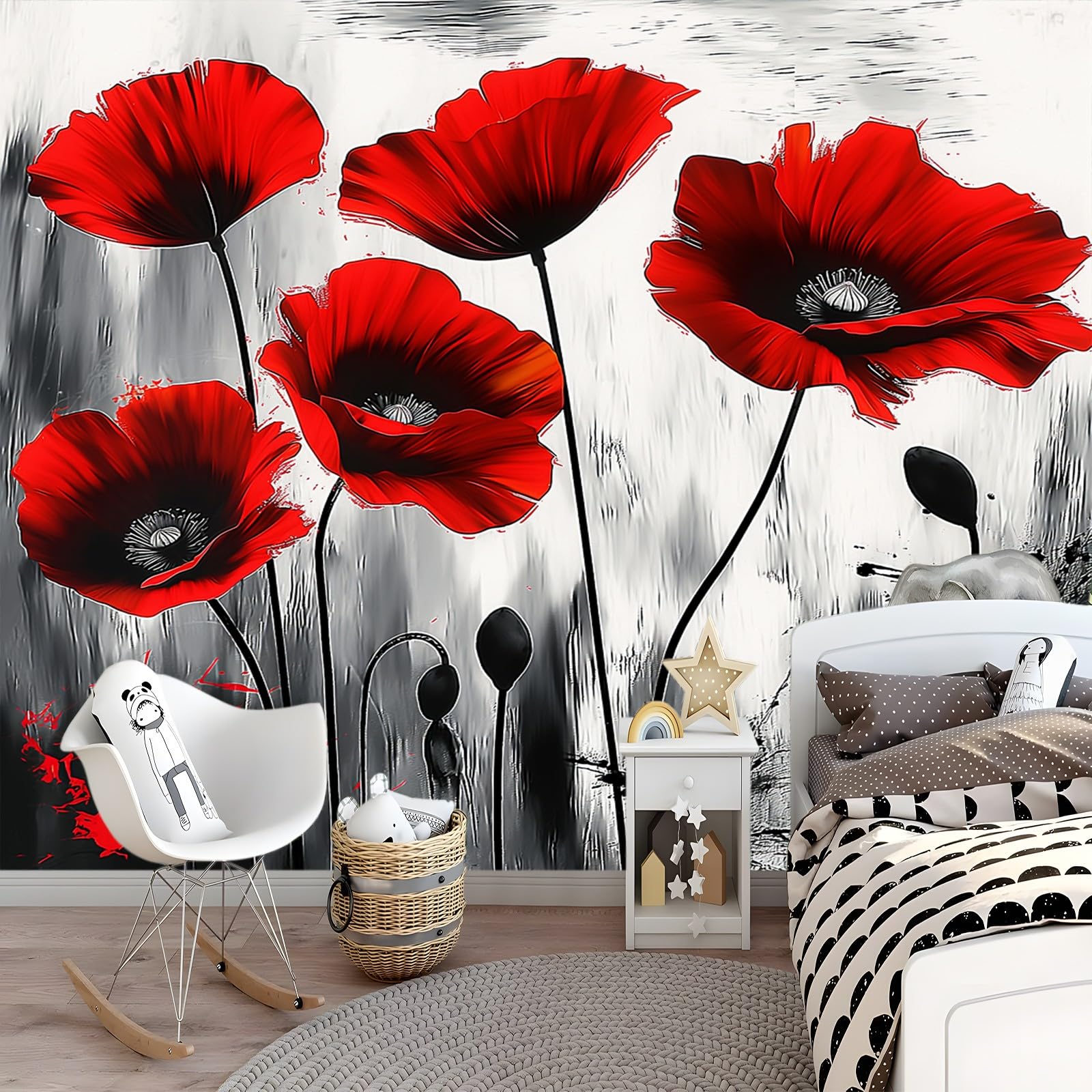 Tapeta 3D w stylu panoramicznym 400 x 280 cm eleganckie abstrakcyjne mak dekoracja ścienna, z czarno-czerwoną tapetą z włókniny do sypialni salonu spersonalizowana dekoracja ścienna