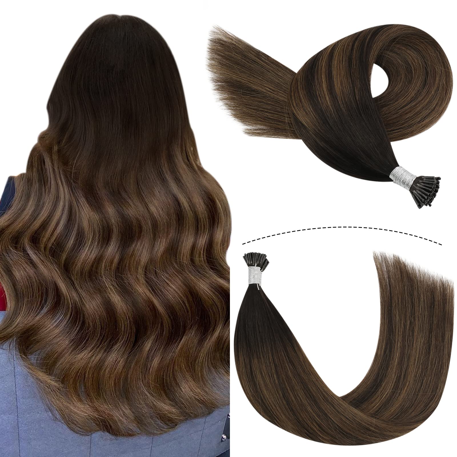 Youngsee 22 inch Balayage I Tip Remy Human Hair Extensions Darkest Brown Mixed with Medium Brown Ombre Cold Fusion Stick Tip Extensions Remy Human Hair 50g Per Package