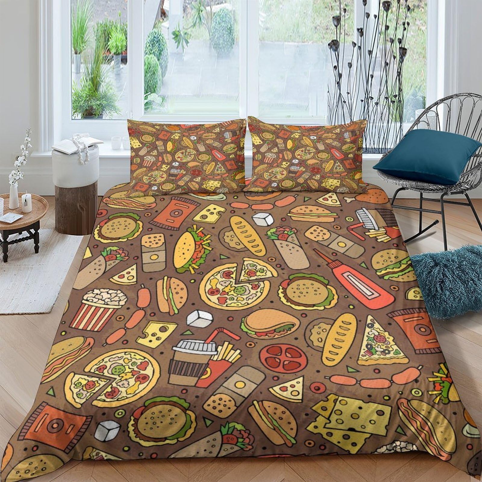 Ctjqhvkz Style-10 3D Printed Food Snack Fitted Sheet Microfiber Soft Breathable Pizza Burger Bed Cover For Bedroom Guest Room Decor Single（135X200cm）