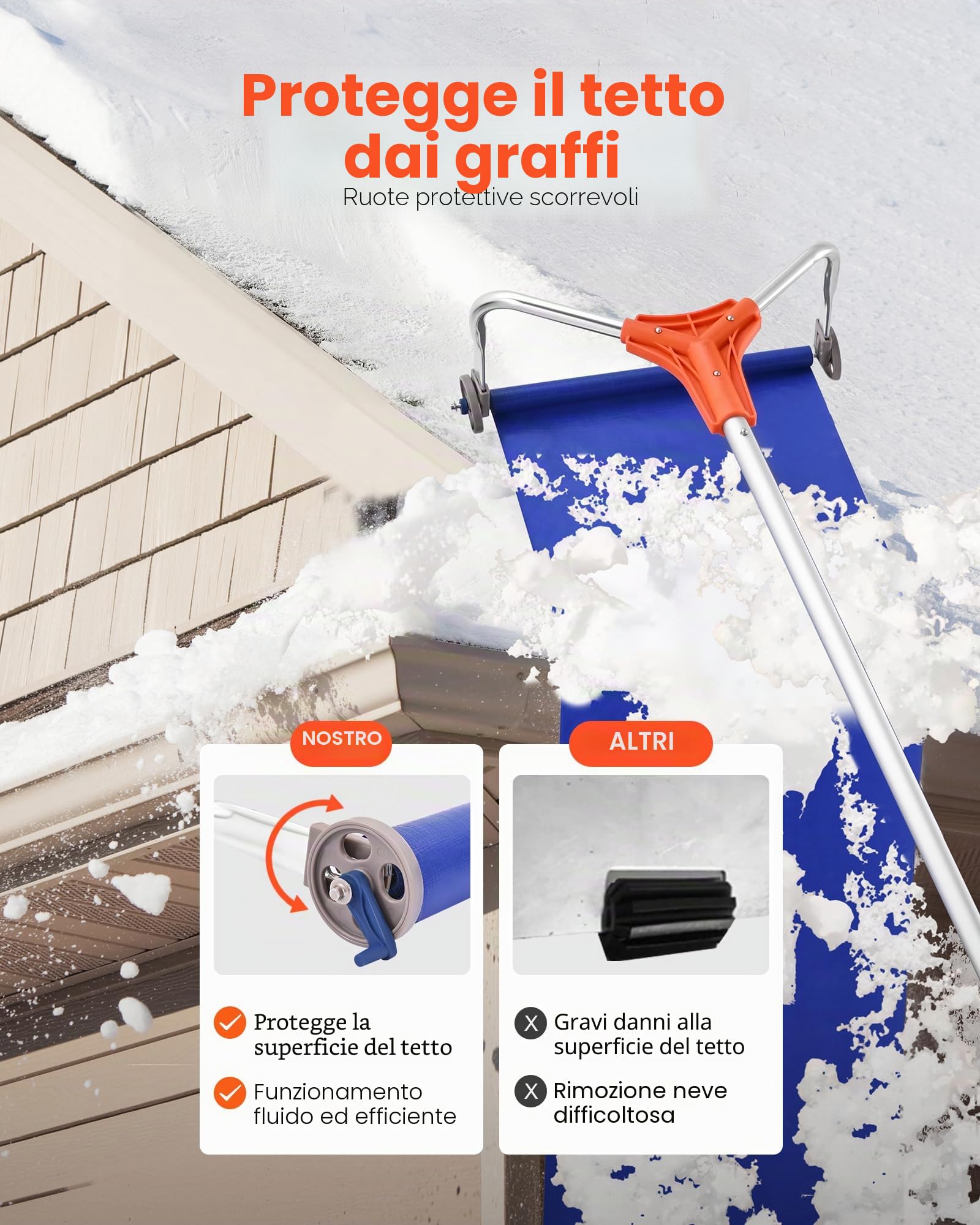 VEVOR Rastrello da Neve per Tetto, Lama in Alluminio da 432 mm, Raschietto per Tetti da Neve Regolabile 1250-5240 mm con Ruote e Scivolo, Impugnatura Staccabile, Pala per Rimozione Neve Foglie