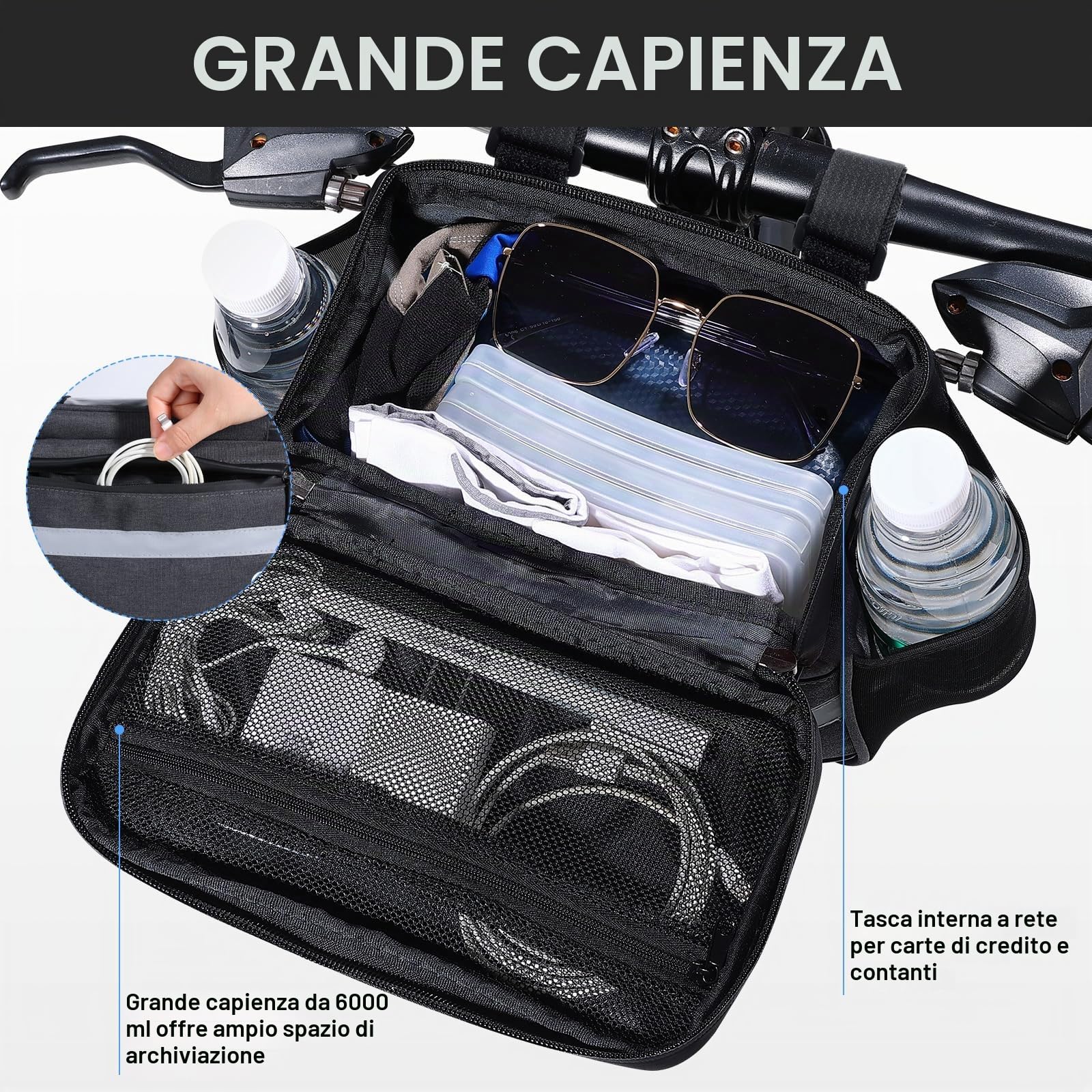 Borsa da Manubrio per Bicicletta 6L Impermeabile, Borsa per Tubo Anteriore Superiore con Touch Screen e Tracolla Removibile