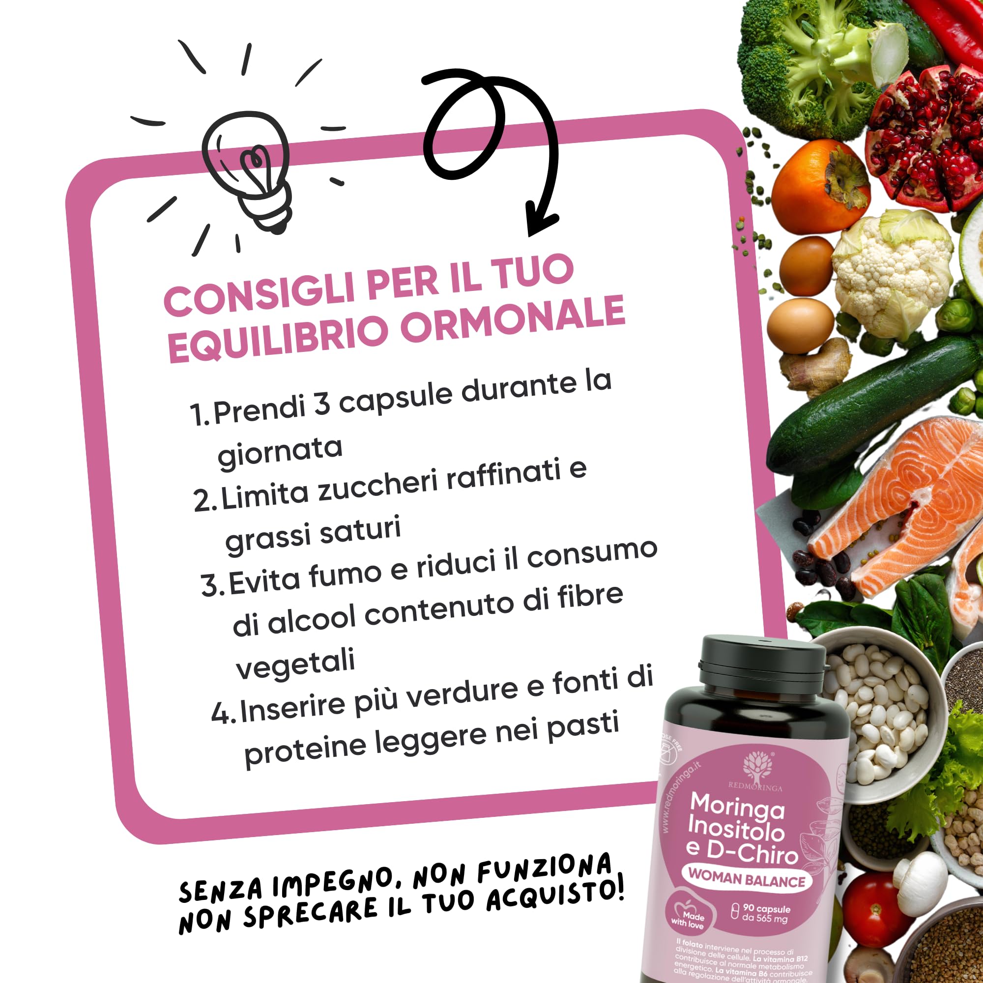 Myo INOSITOLO + DChiro per PCOS con Acido Folico, Vitamine B12, B6, D e Moringa BIO | Integratore Woman Balance Ovaio Policistico, Regolarità Ciclo, Migliore Ovulazione | 90 Capsule - RedMoringa