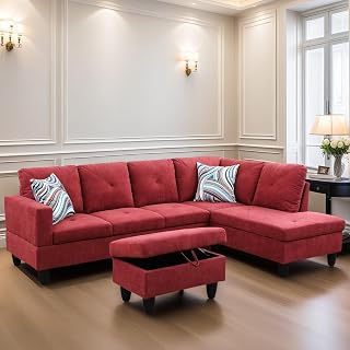 FONTOI L Shaped Sectional Couch Sofa, Modern Couches for Living Room, Comfy 4 Seat Modular Sectional Sofa with Ottoman Storage for Bedroom Apartment, Red