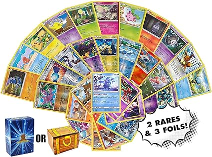 Amazon Com Pokemon Cards Lote Surtido De 50 Cartas Comunes No Comunes Raras Aluminio Mas Cartas Incluye Una Caja De Almacenamiento De Cofre Del Tesoro De Golden Groundhog Juguetes Y Juegos