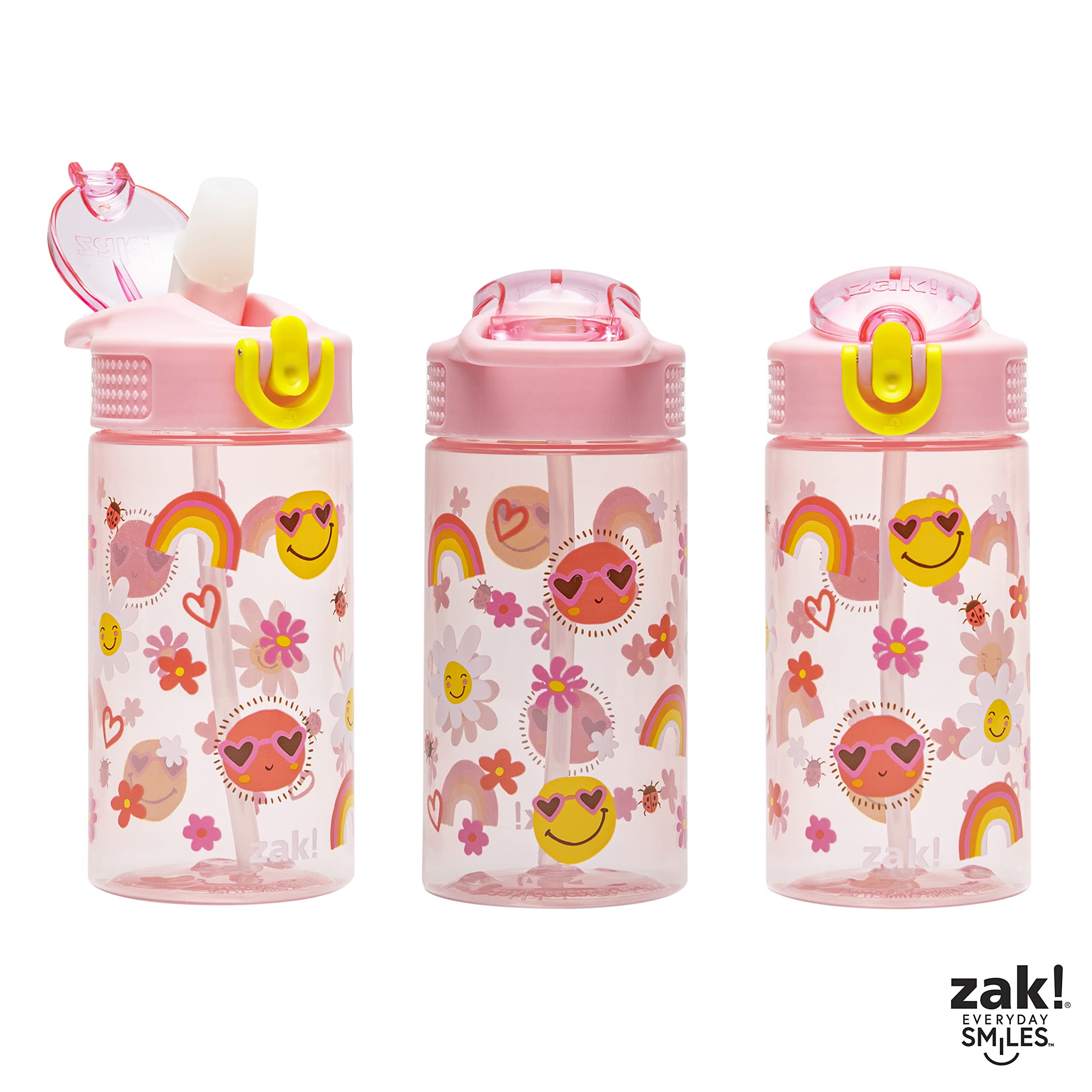 Zak Designs Botella de agua para niños para la escuela o viajes, botella de agua de plástico duradera de 16 onzas con pajilla, asa y a prueba de fugas, cubierta de boquilla desplegable (Sunny Smiles)