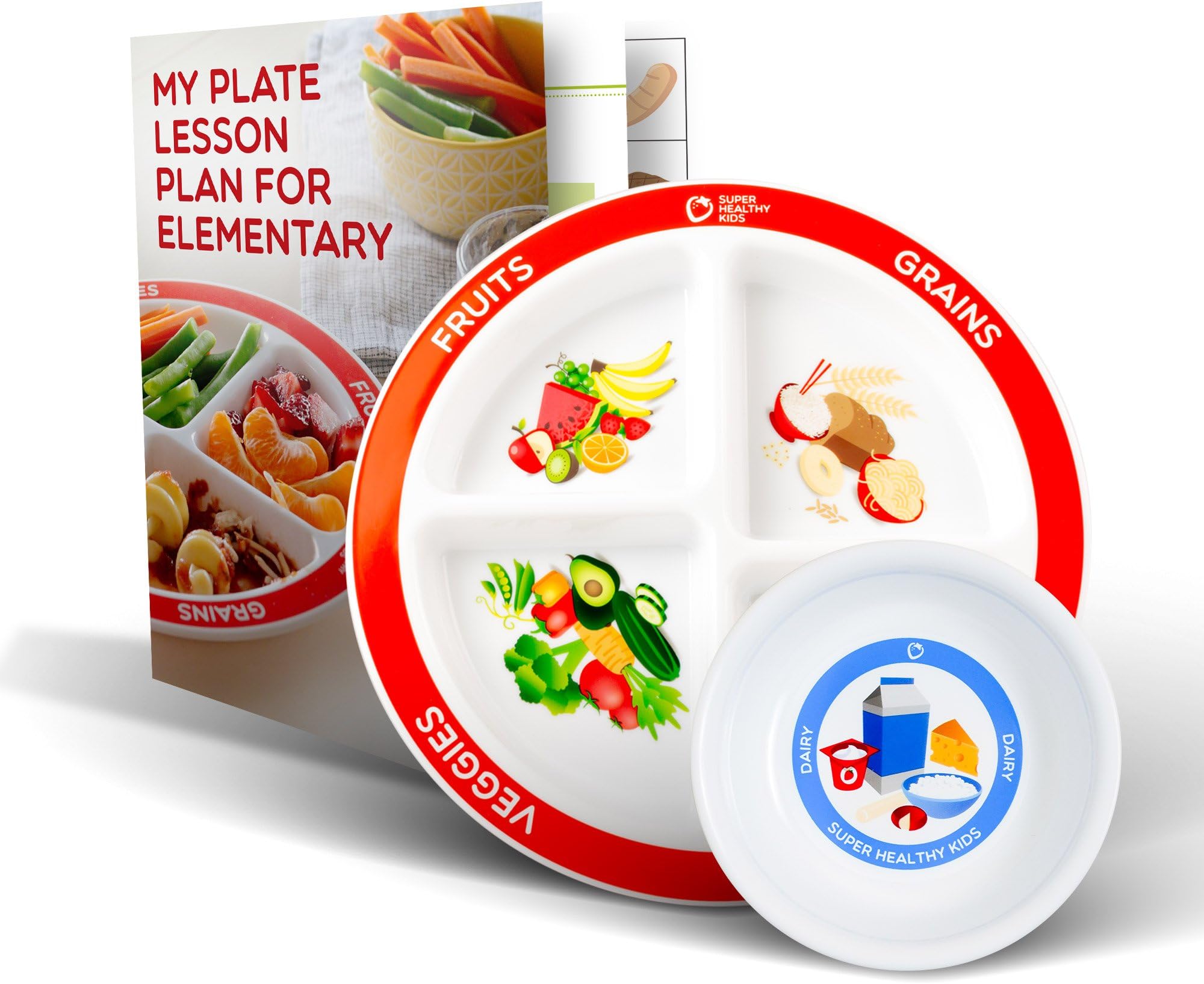 Health Beet MyPlate Portion Control Plate with Dairy Bowl & Elementary Healthy Eating Lesson Plan - 4 Divided Sections of Fruit Grains Veggies Proteins for Health Education (Set of 1 Each)