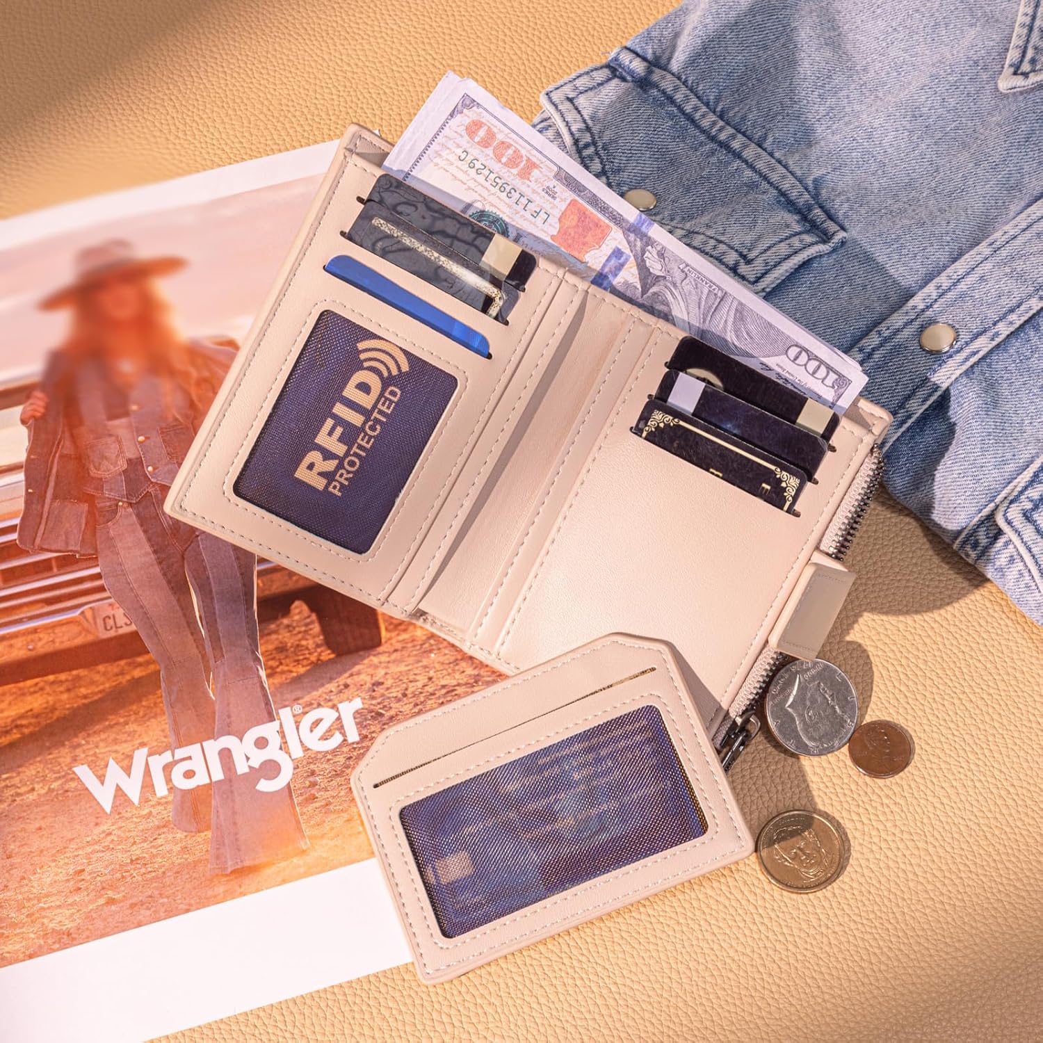 Montana West X Wrangler Small Wallet Women RFID Bifold Wallet Compact Zipper Pocket Wallets with 3 ID Windows - Image 2