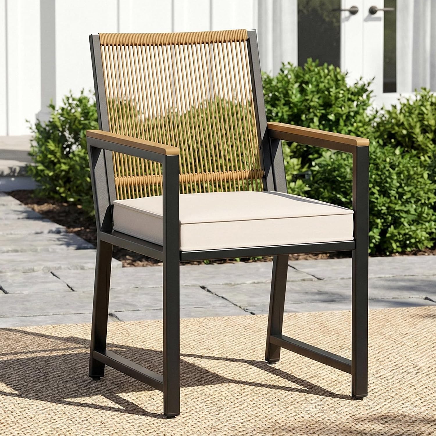 LIFERUN Rattan Garden Chair with 7 cm Removable Cushion, Outdoor Garden Dining Chair with PE Rattan Back, Rust-Proof Metal Frame & WPC Armrests, Patio Chair for Balcony Garden, Beige
