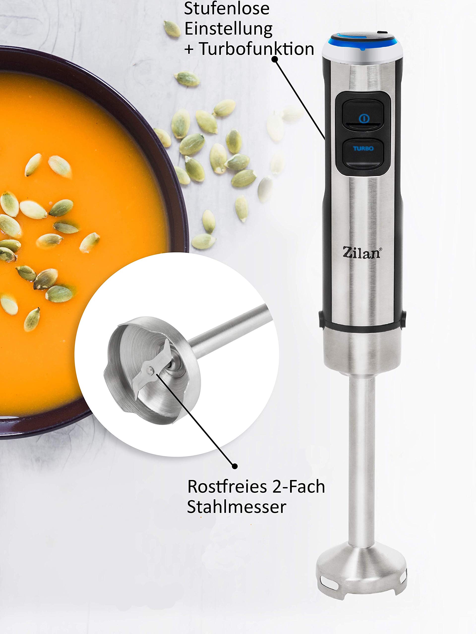 Zilan Handmixer 1200 Watt – Edelstahl, Mit LED-Licht, Turbo-Funktion, Stufenloser Regelung & Aufsätzen