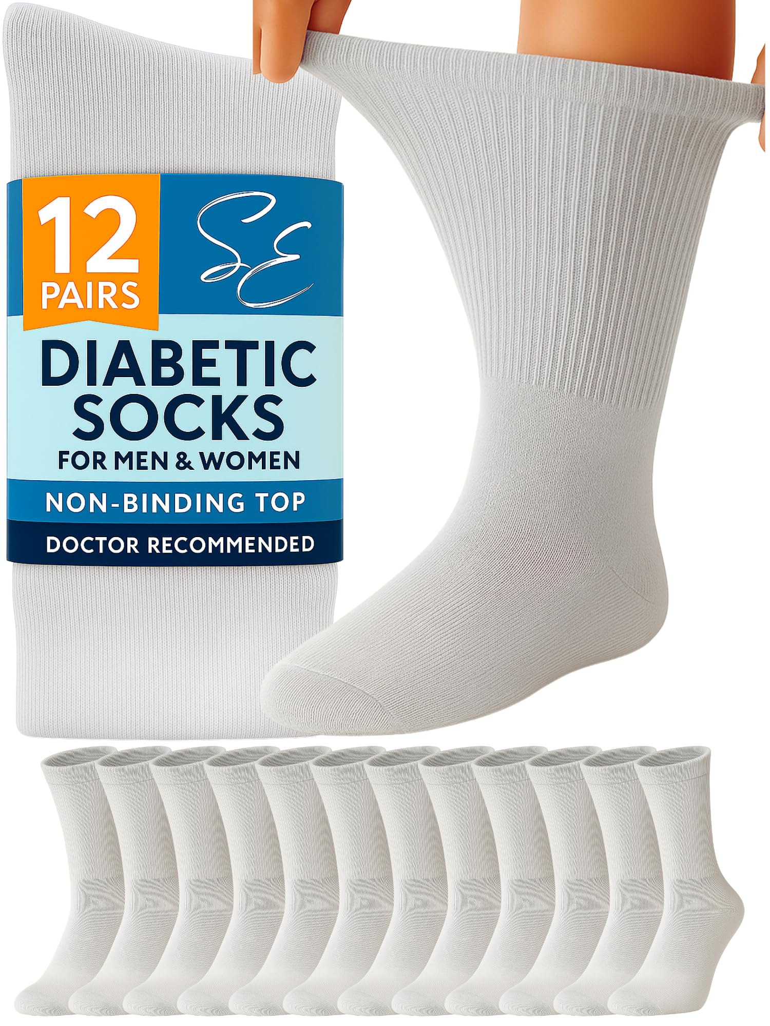 Special Essentials Diabetic Socks for Men & Women – 12 Pairs of Non-Binding Moisture-Wicking Neuropathy Socks – Crew Length