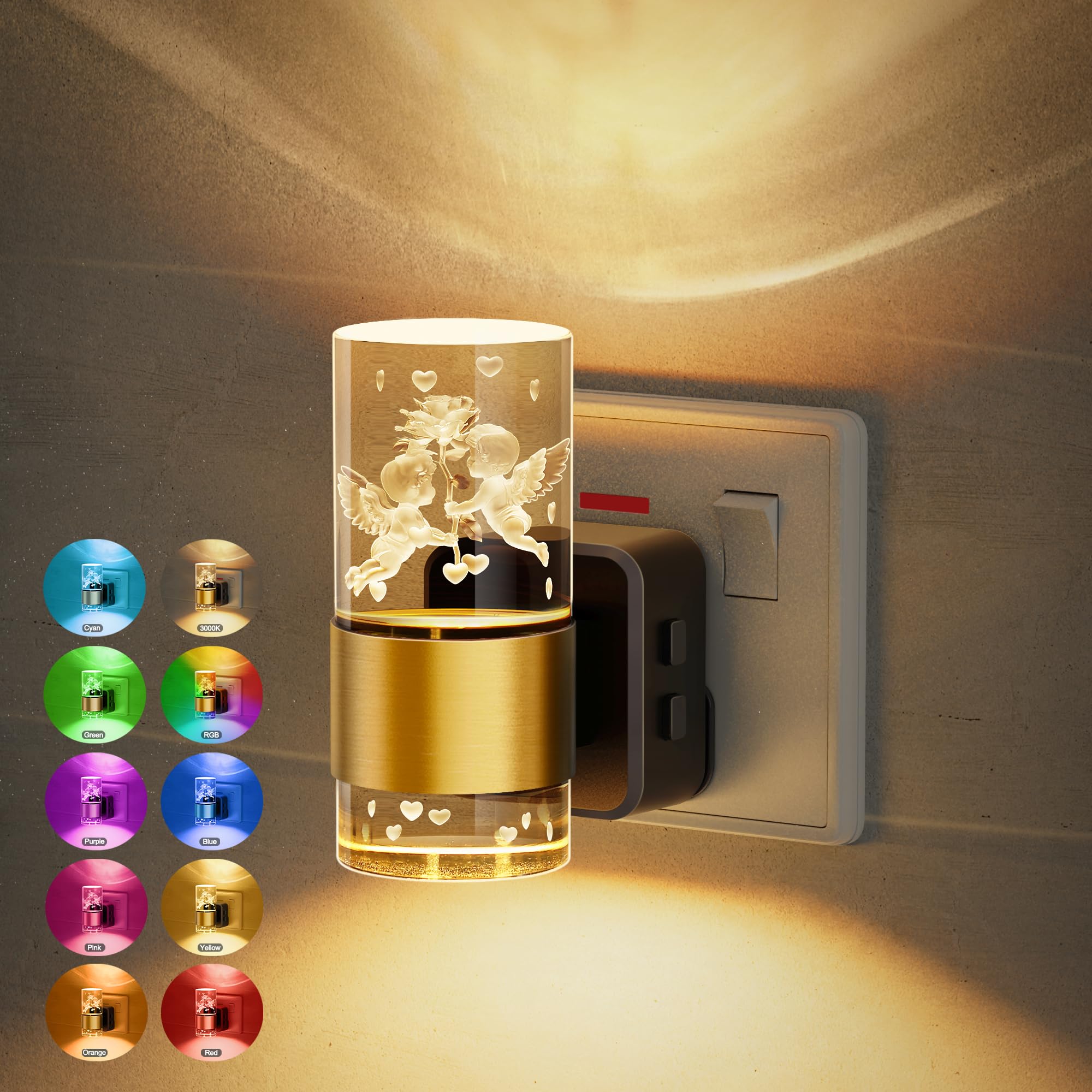JandCase Night Light Plug in Wall, 3000K+RGB 10-Color LED Nightlight, Brightness Ajustable 10/50/100LM, Acrylic Plug in Night Light with Dusk to Dawn Sensor for Bedroom Hallway Stair — image 1