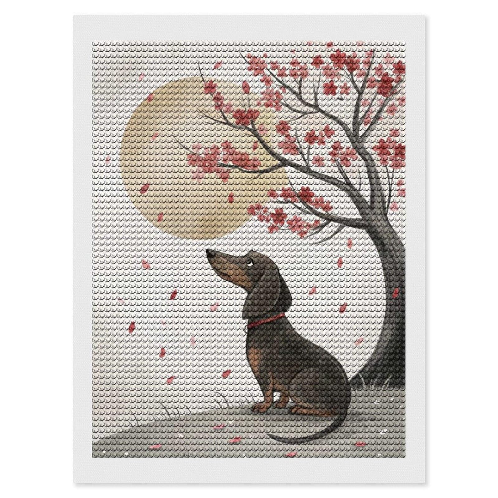 Junmoney Dachshund Under Cherry Blossoms DIY Diamond Art Canvas Kit 12"x16", for Adults, Decorate Your Room, Gift Idea, Modern Decor, Finish and Display